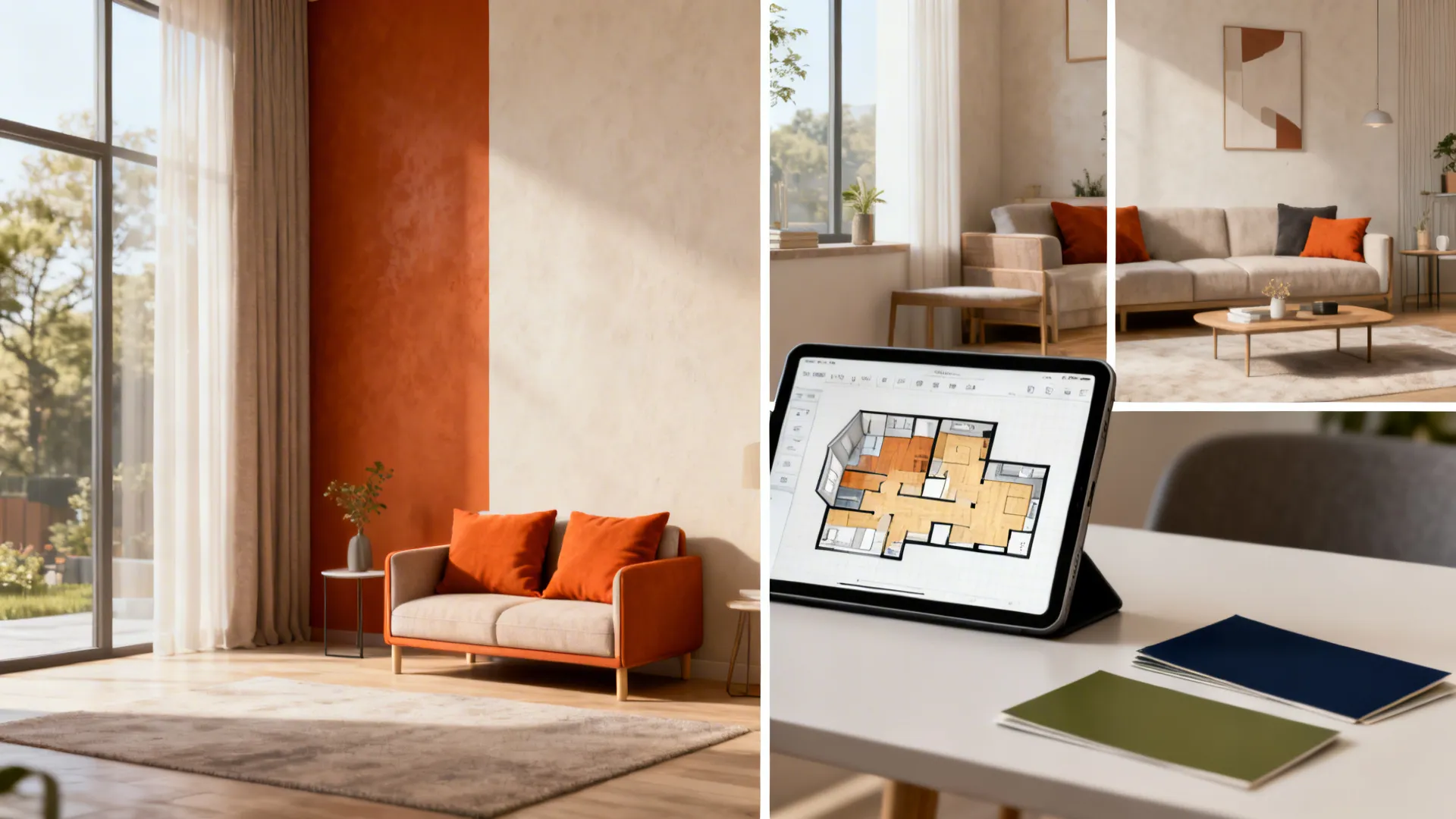Moodboard-style living room scene with burnt orange accents, color swatches and a 3D floor planner on a tablet.