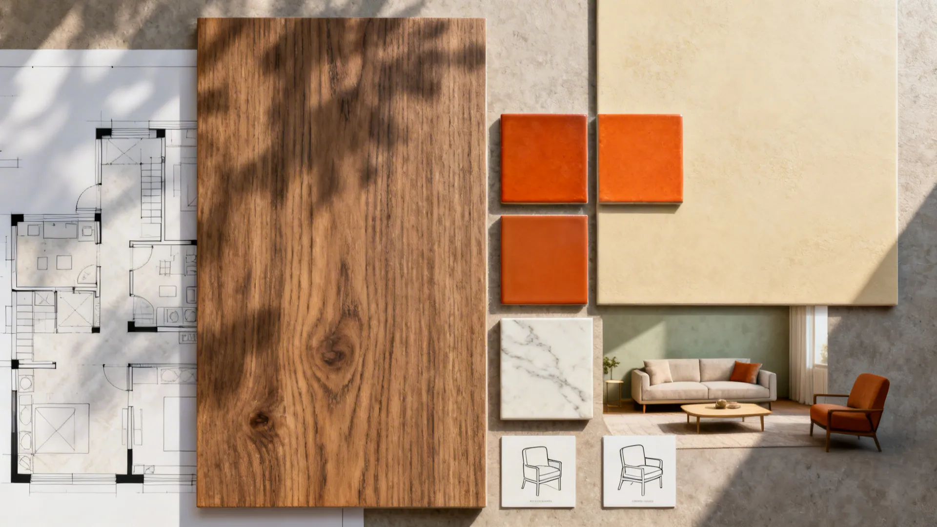 Mood board displaying floor plan, wood panel, orange tiles, marble, and small living room design