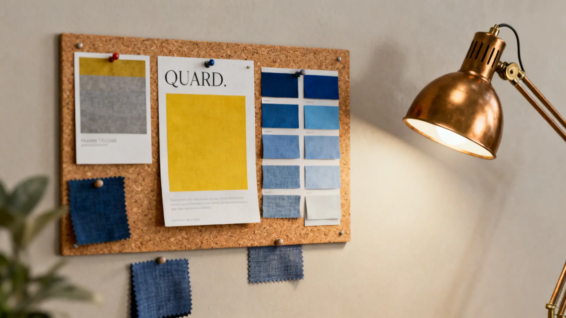 Mood board with warm grey, yellow and blue swatches and fabric samples beside a brass lamp.
