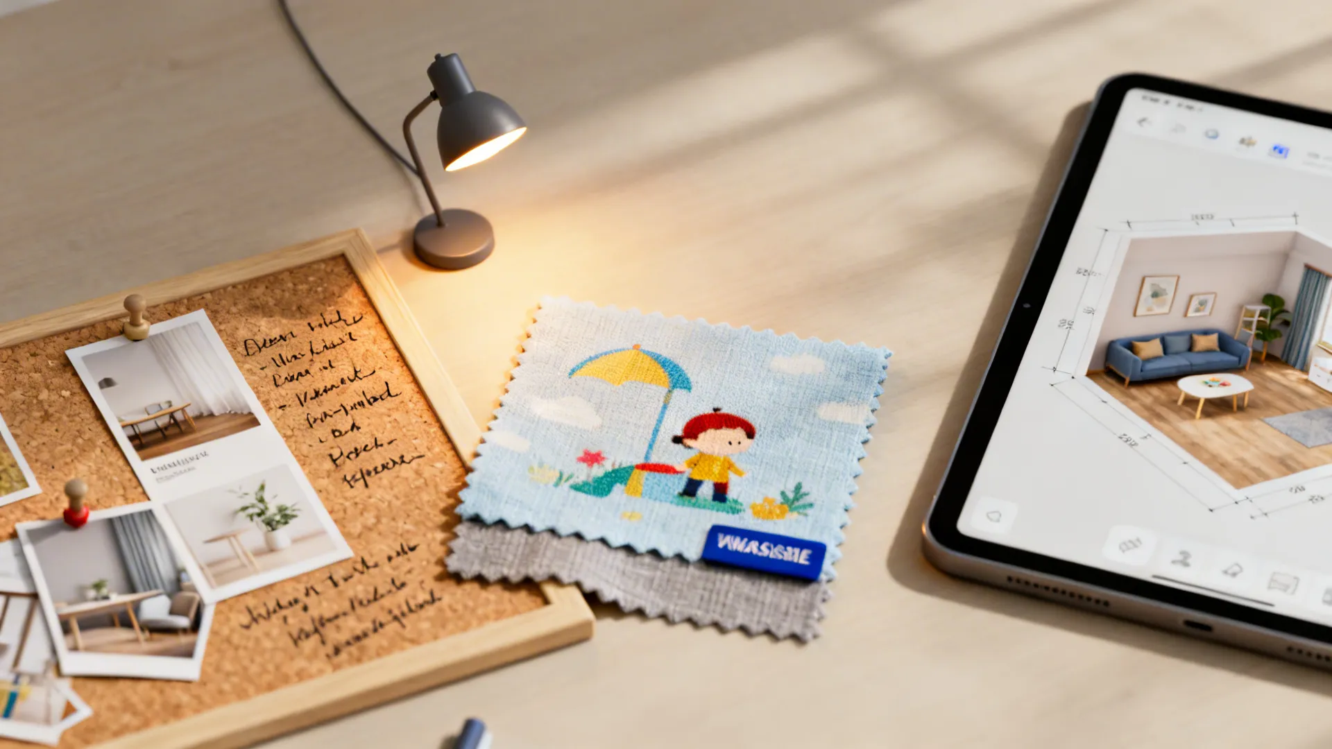 Moodboard and small vignette showing lighting samples, fabric swatches, and a 3D planner on a tablet