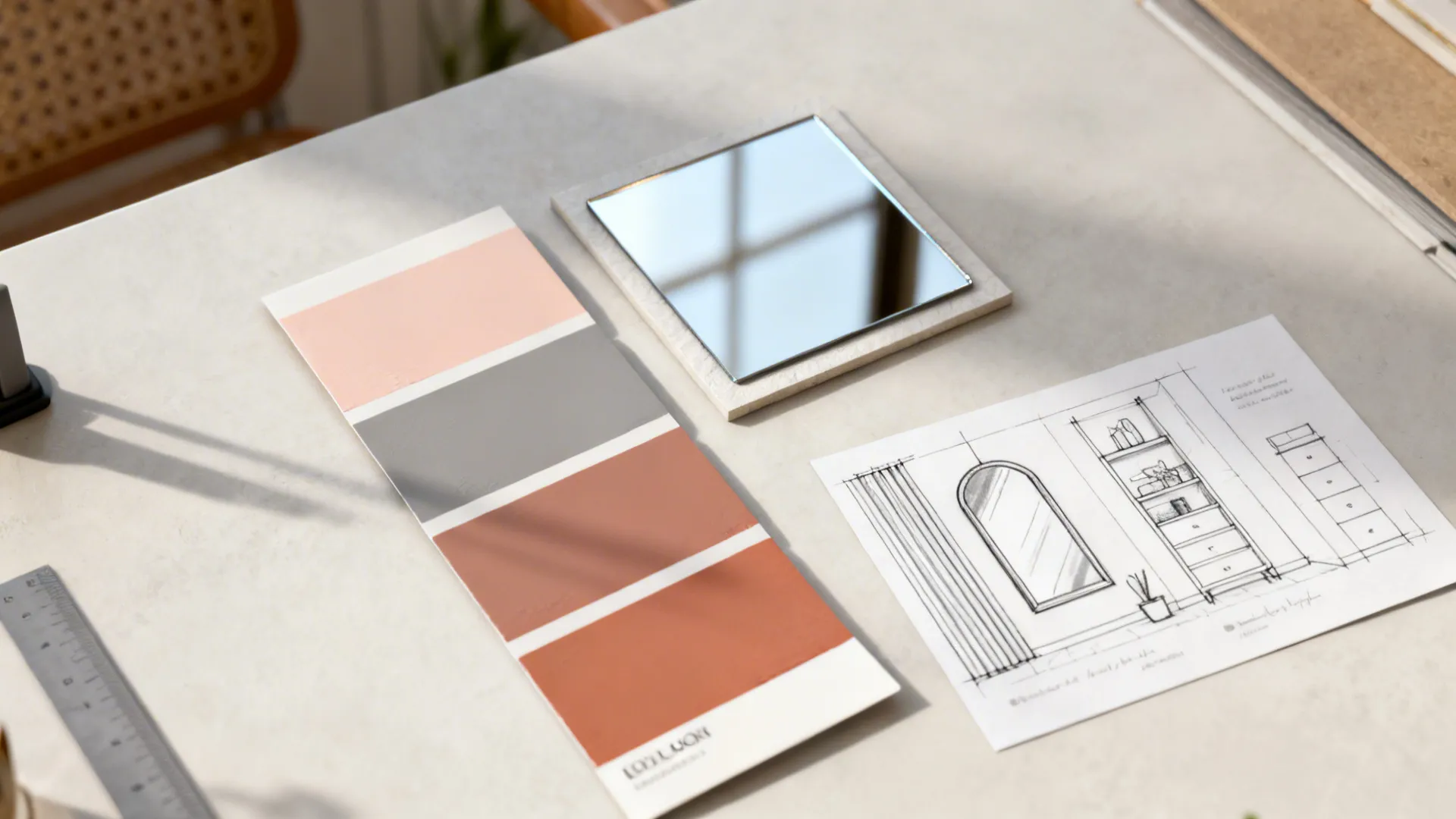 Moodboard with color swatches and sketches showing paint chips and layout tips for a romantic bedroom.