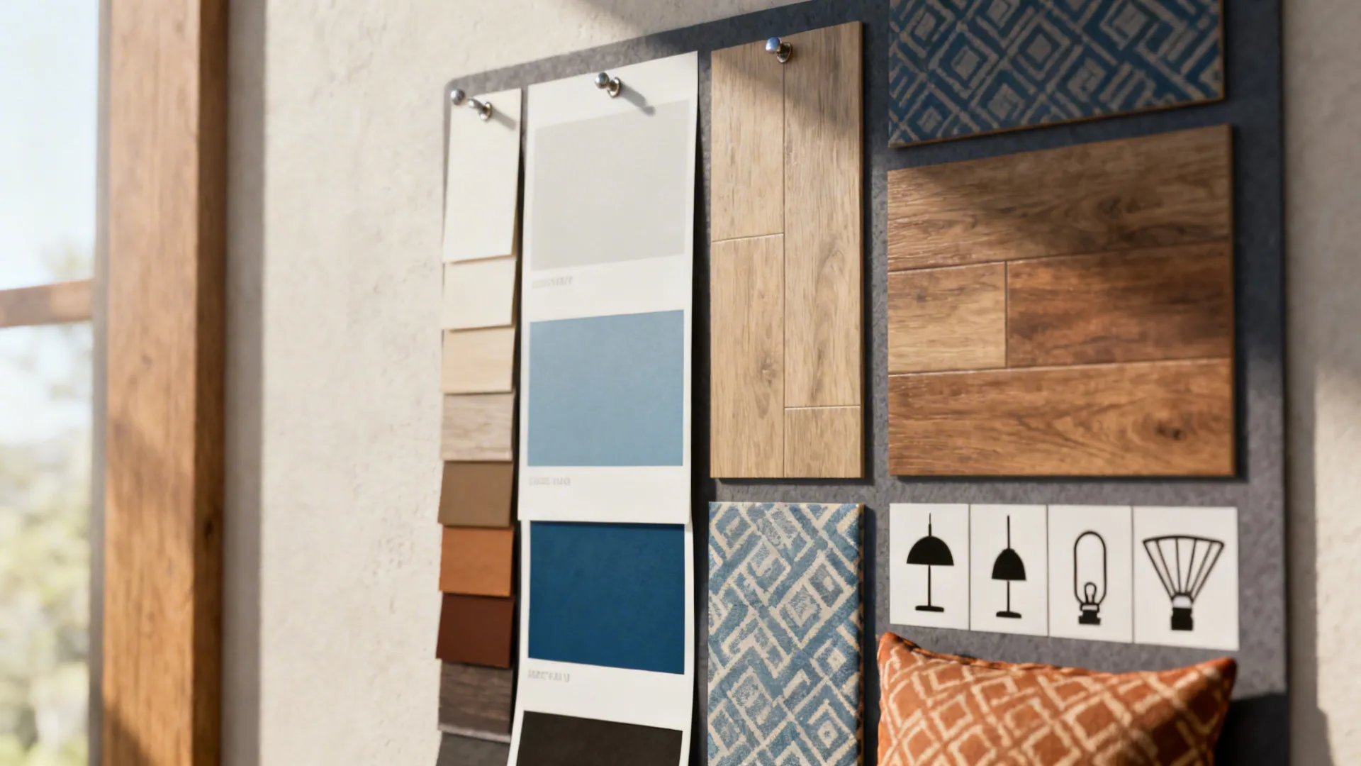 Moodboard of paint, flooring and cushion samples for styling a grey leather sofa