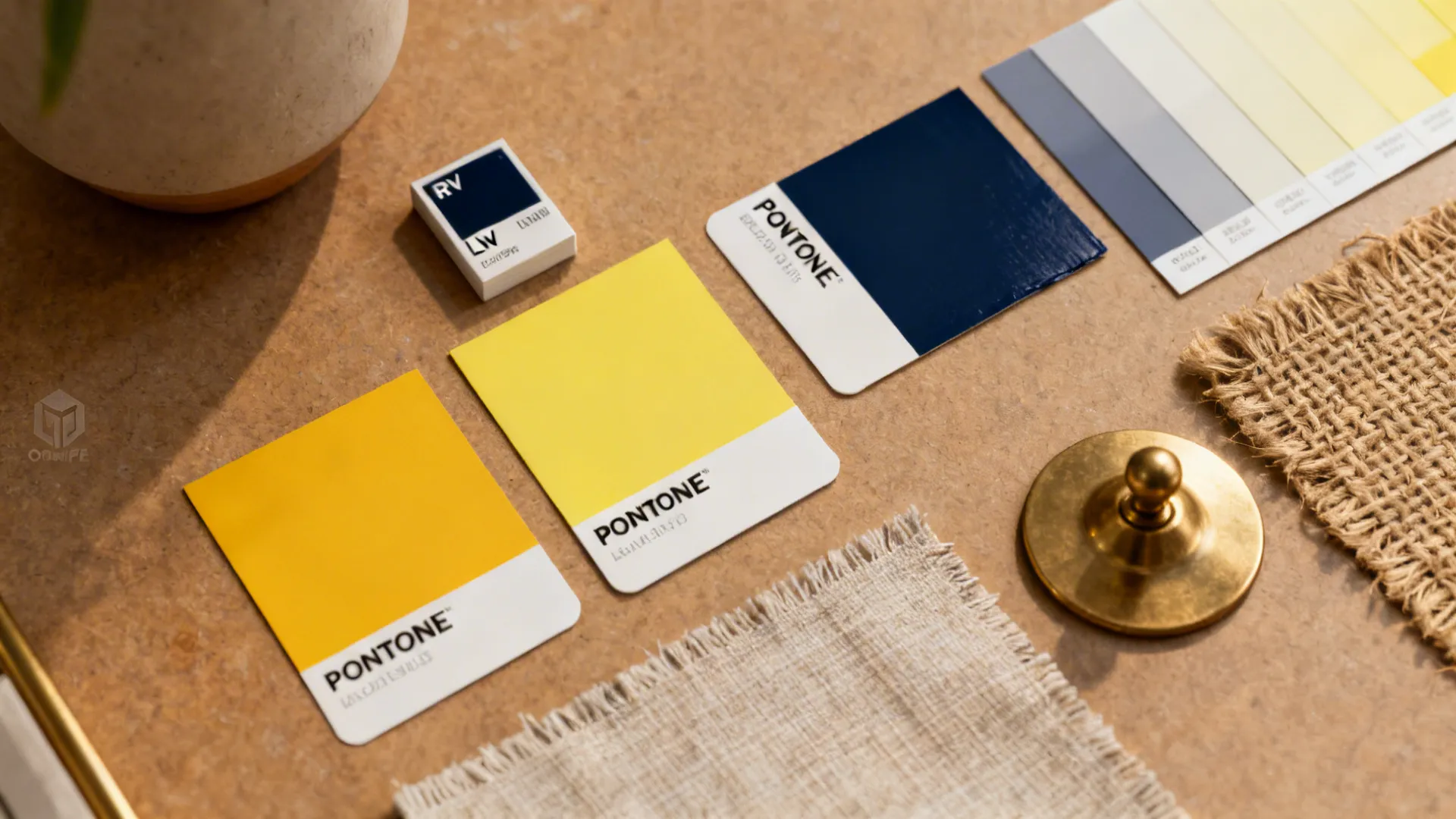 Moodboard flatlay with yellow and navy paint swatches, fabric samples, brass finish and jute sample