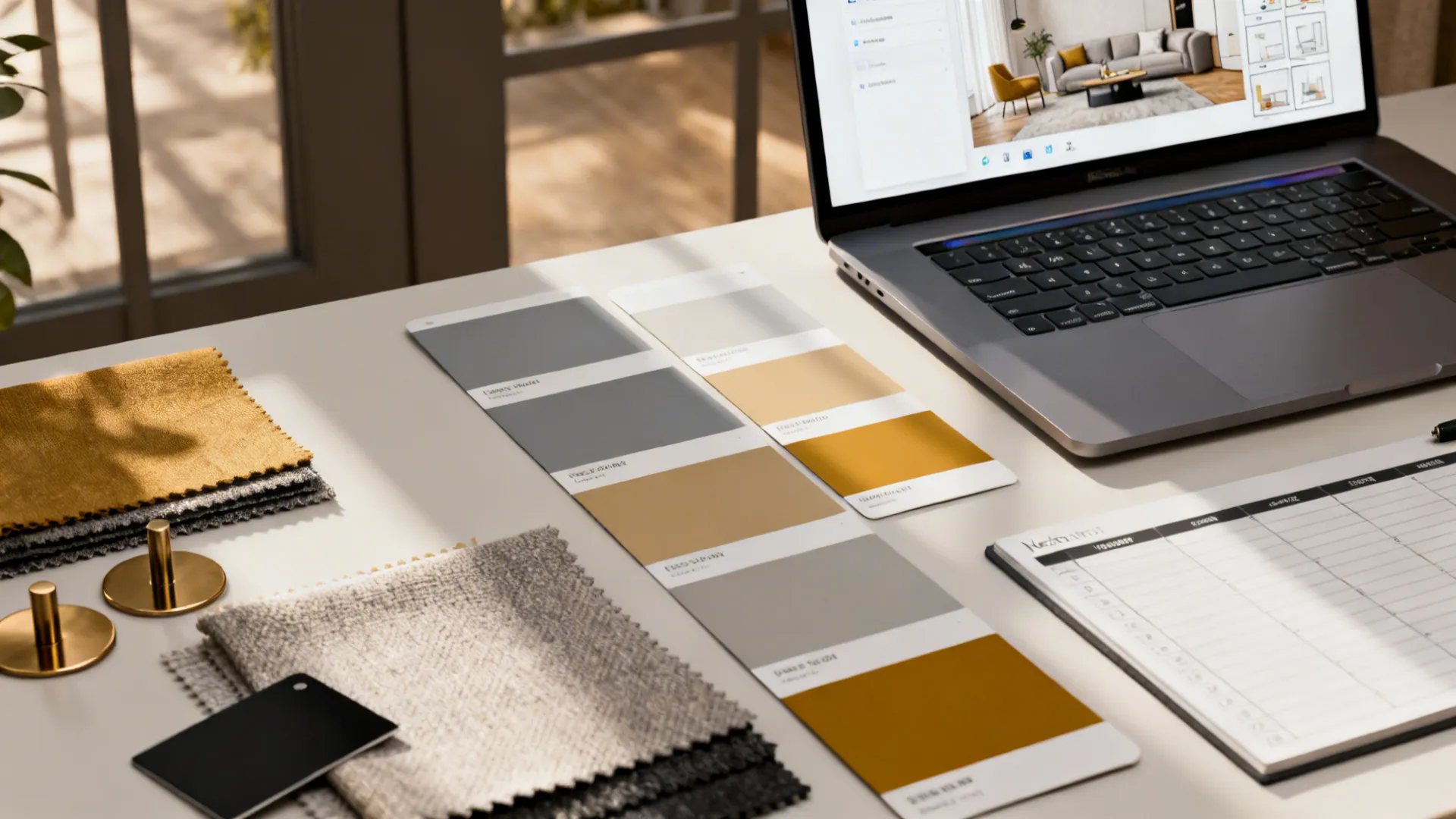 Interior design mood board with color samples fabric swatches and laptop showing a room render