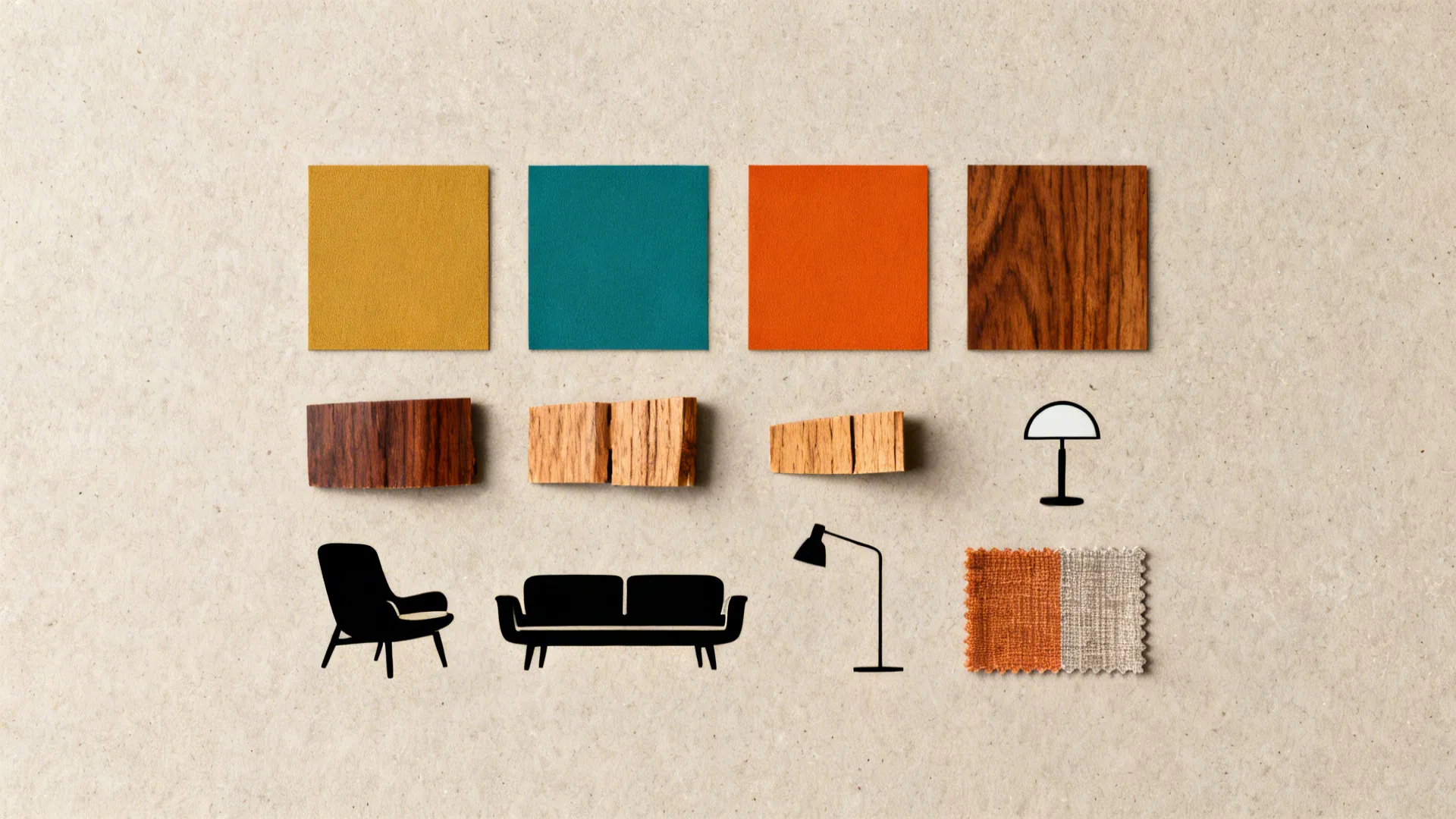 Interior design mood board showing color swatches wood samples and furniture icons on a plain background