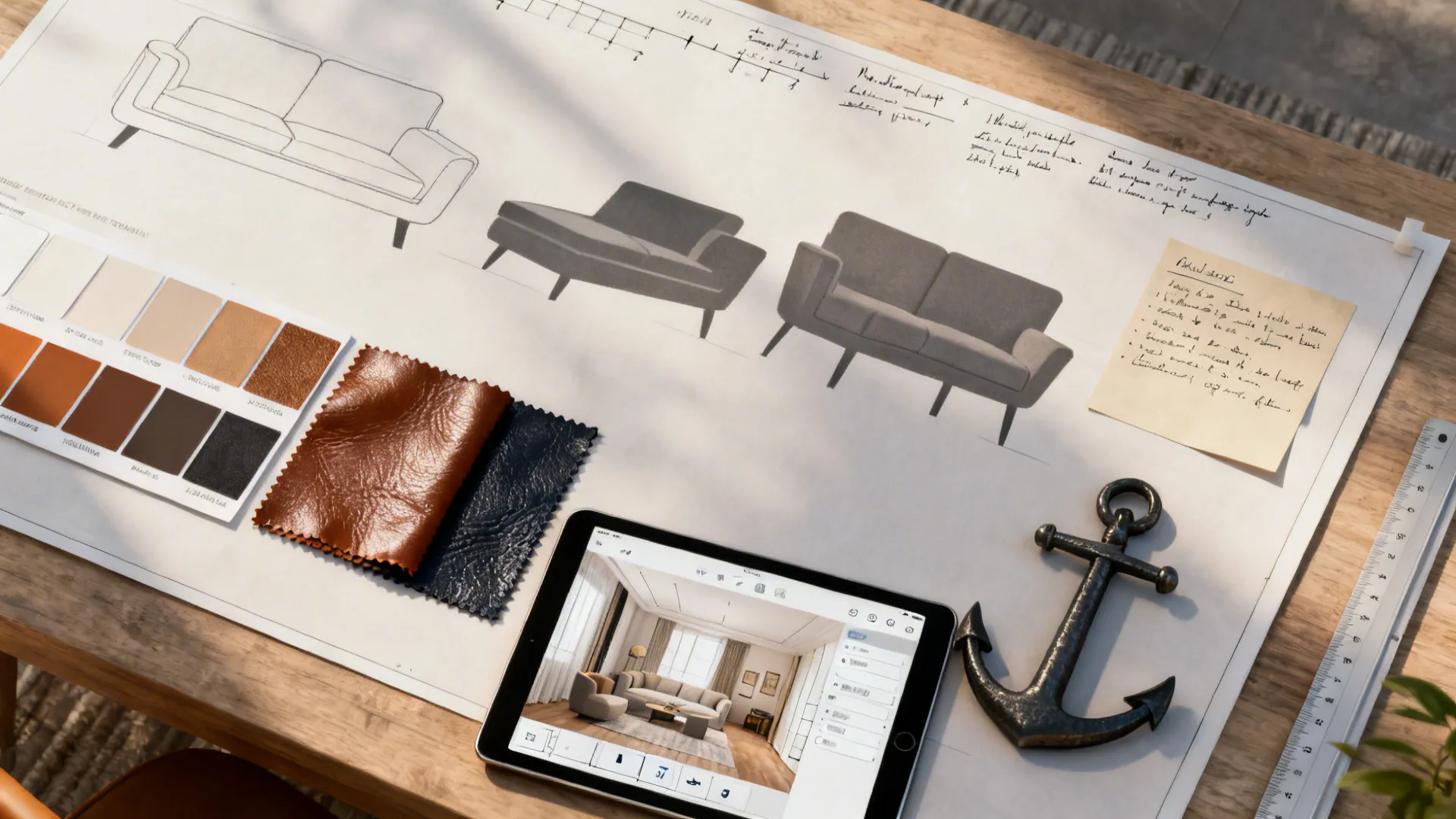 Top-down planning moodboard with scaled couch templates, color swatches, and leather samples