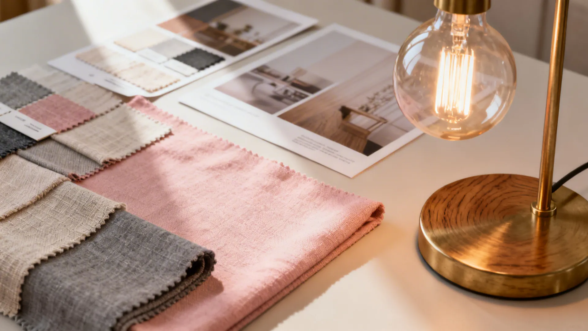 Table lamp with visible bulb beside pink and grey fabric swatches and interior design inspiration