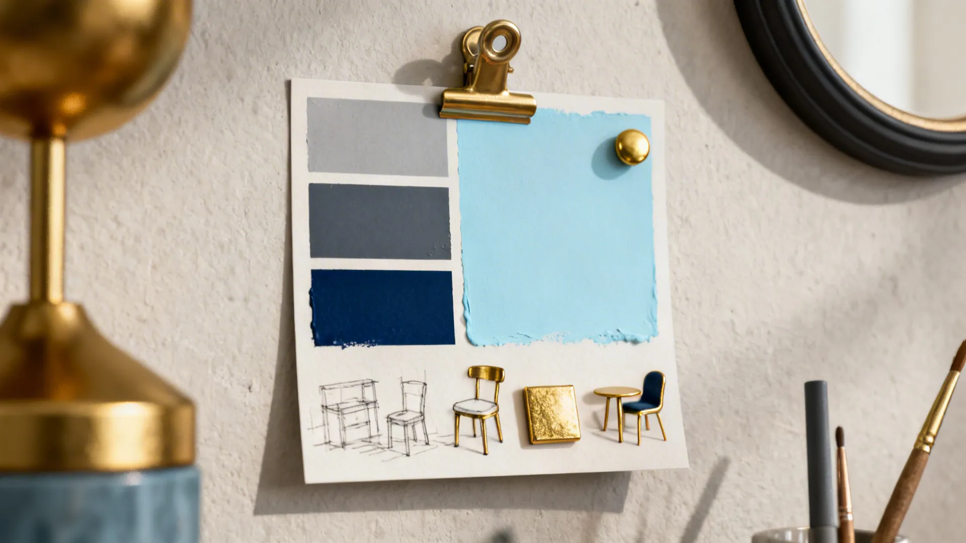 Mood-board with gray, blue swatches and gold samples illustrating FAQ color guidance.