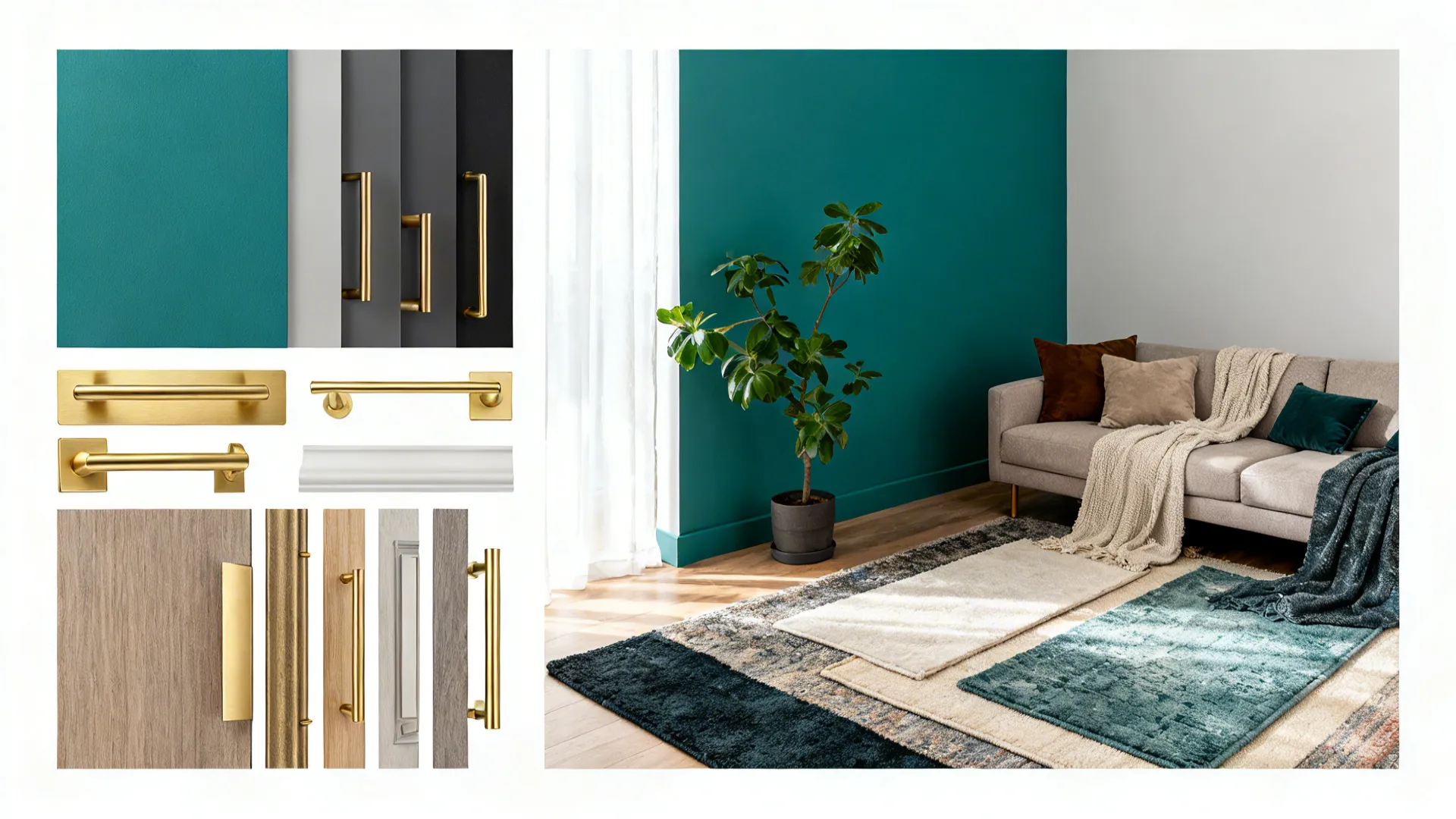 Moodboard of teal paint samples, gold hardware, layered rugs and plants for FAQ illustrations.