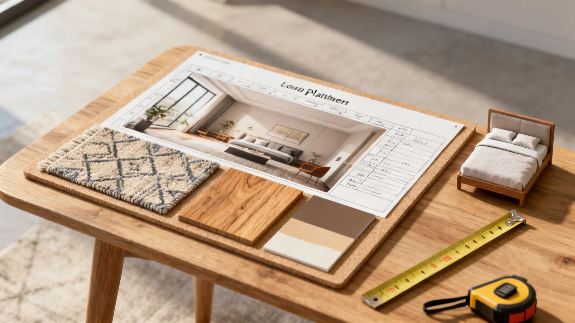 Moodboard with room planner screenshots, material swatches and tape measure for planning a small bedroom