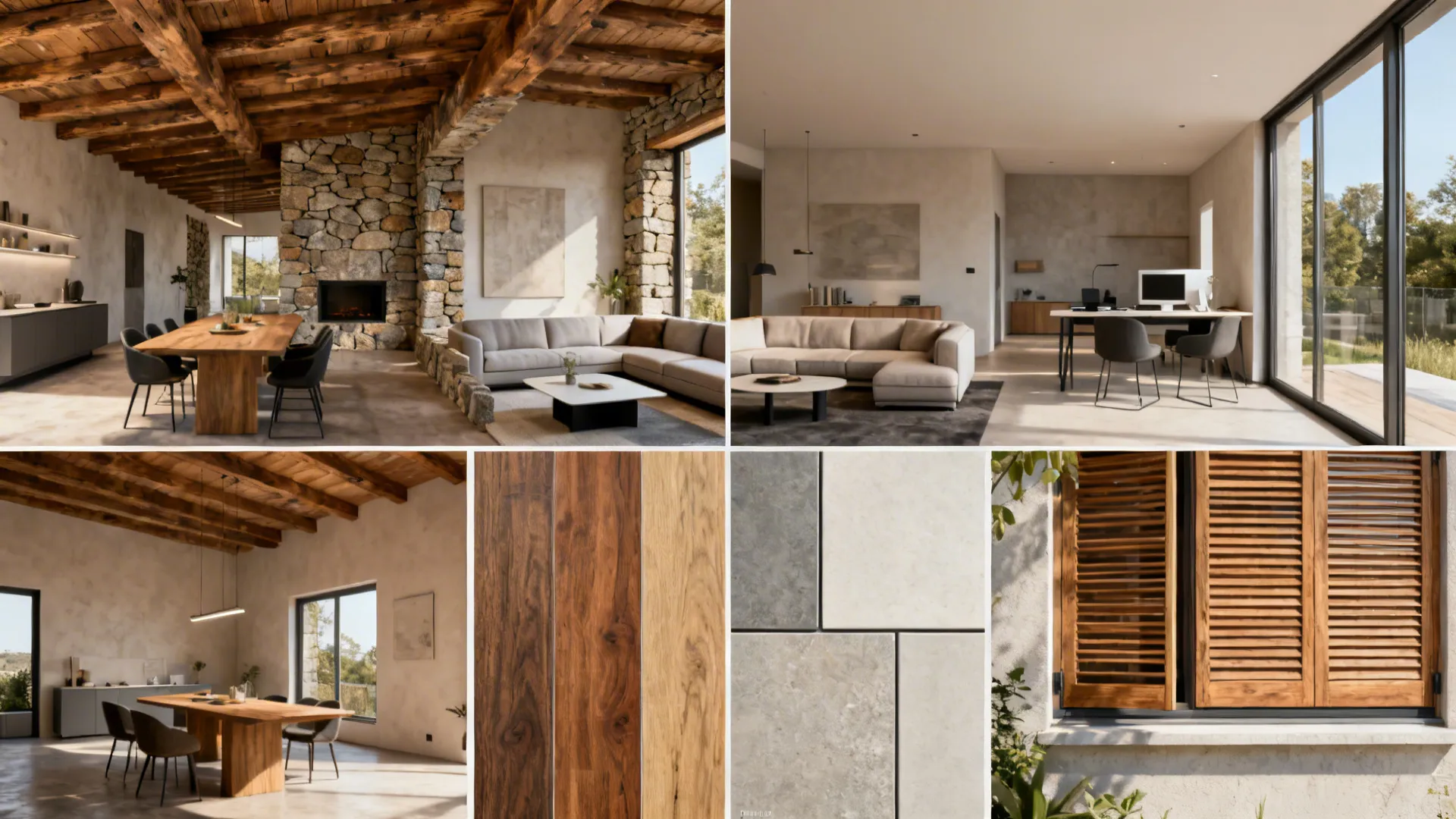 Moodboard collage of modern mountain home details: materials, layouts, flooring and window protection.