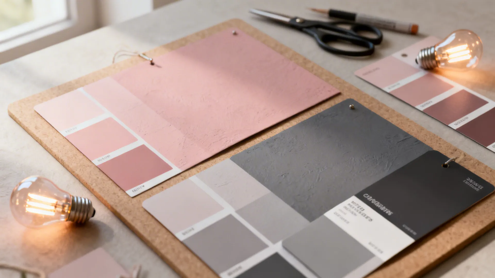 Moodboard of paint swatches and samples for pink and grey bedroom palette