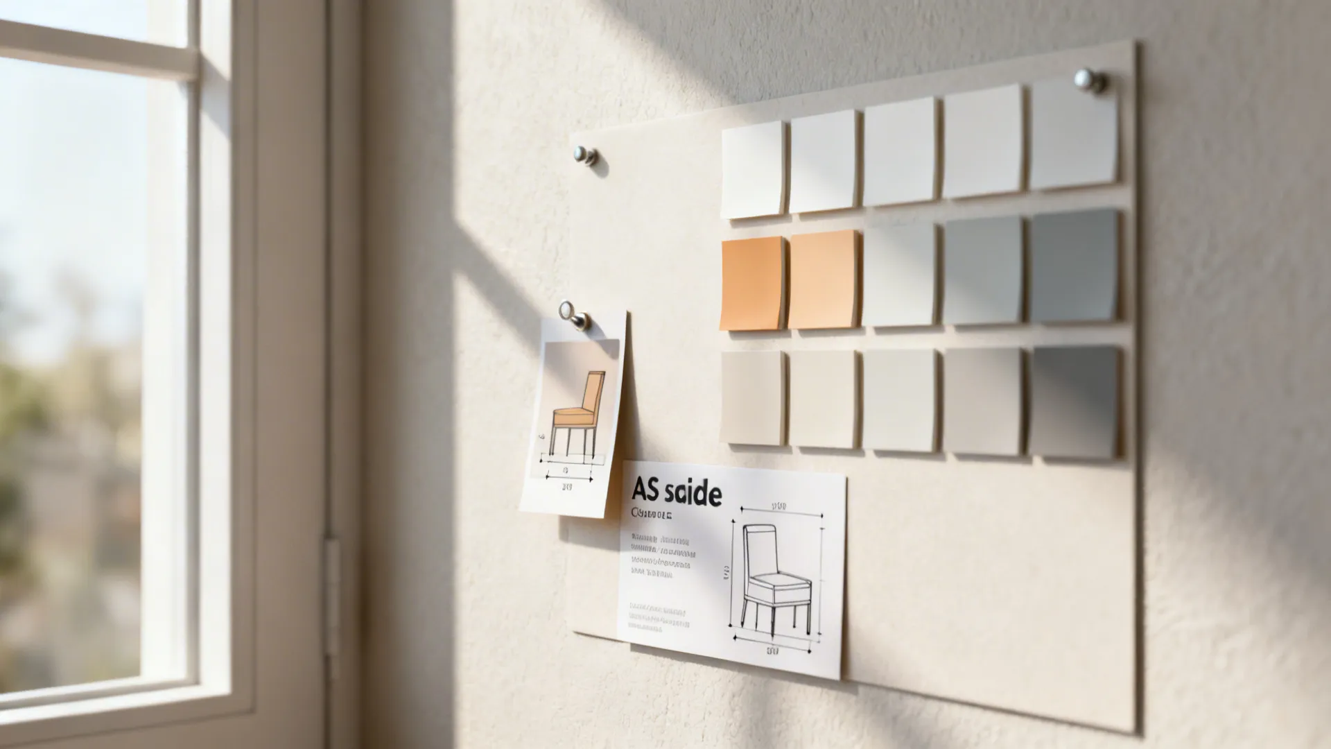 Mood board with paint chips, clearance diagrams and reference materials for small home design.