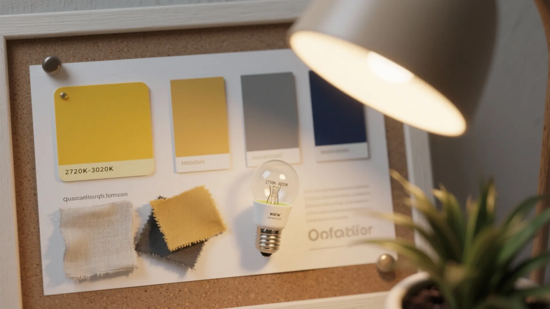 Interior design mood board with color swatches fabric samples and light bulb under a desk lamp