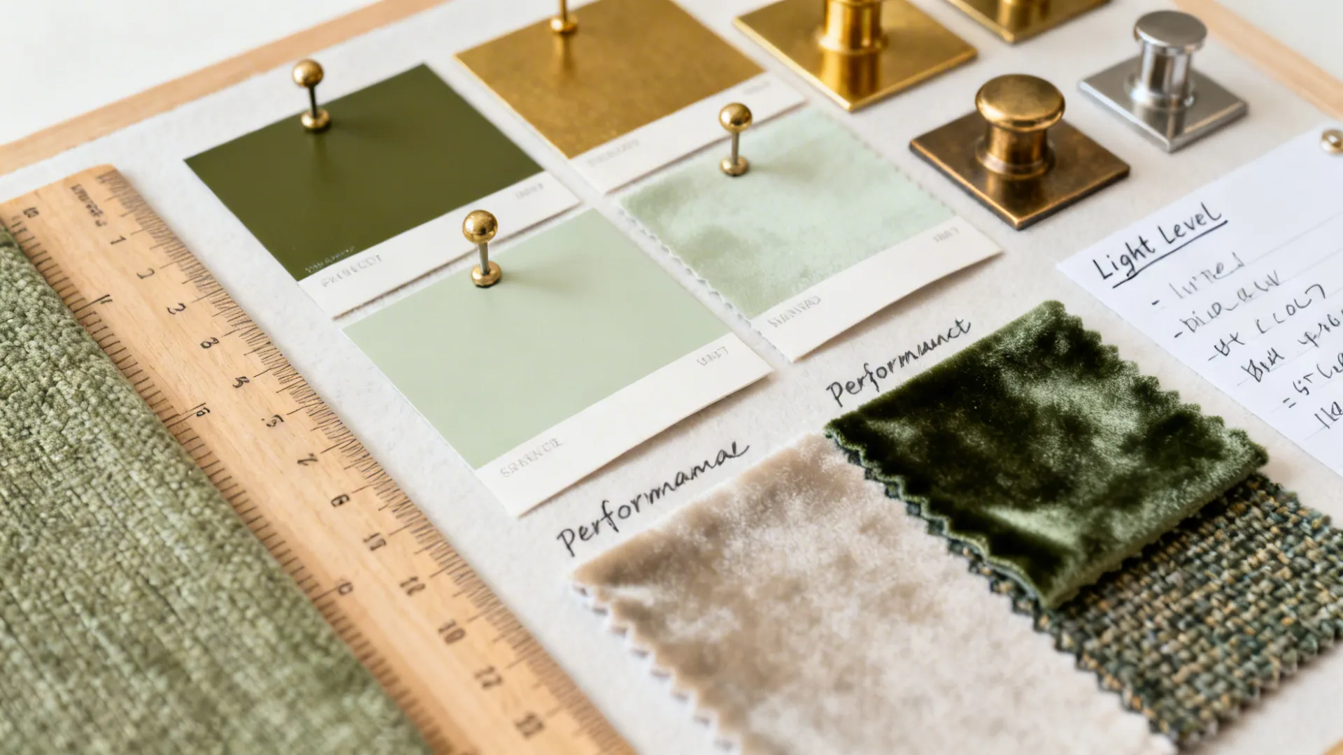 Mood board with green paint chips, metal finish samples and fabric swatches