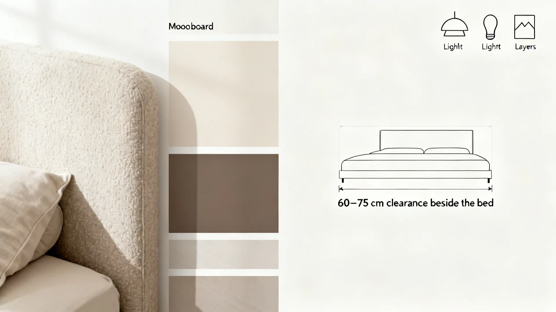 Bedroom mood board showing color samples next to bed diagram with recommended side clearance measurements