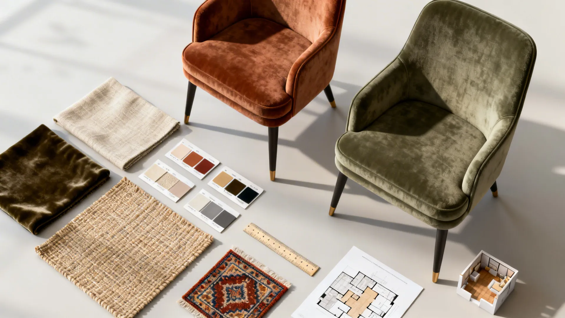 Top-down mood-board flatlay of fabric swatches, color cards, rug sample and a mini floorplan for pairing accent chairs.