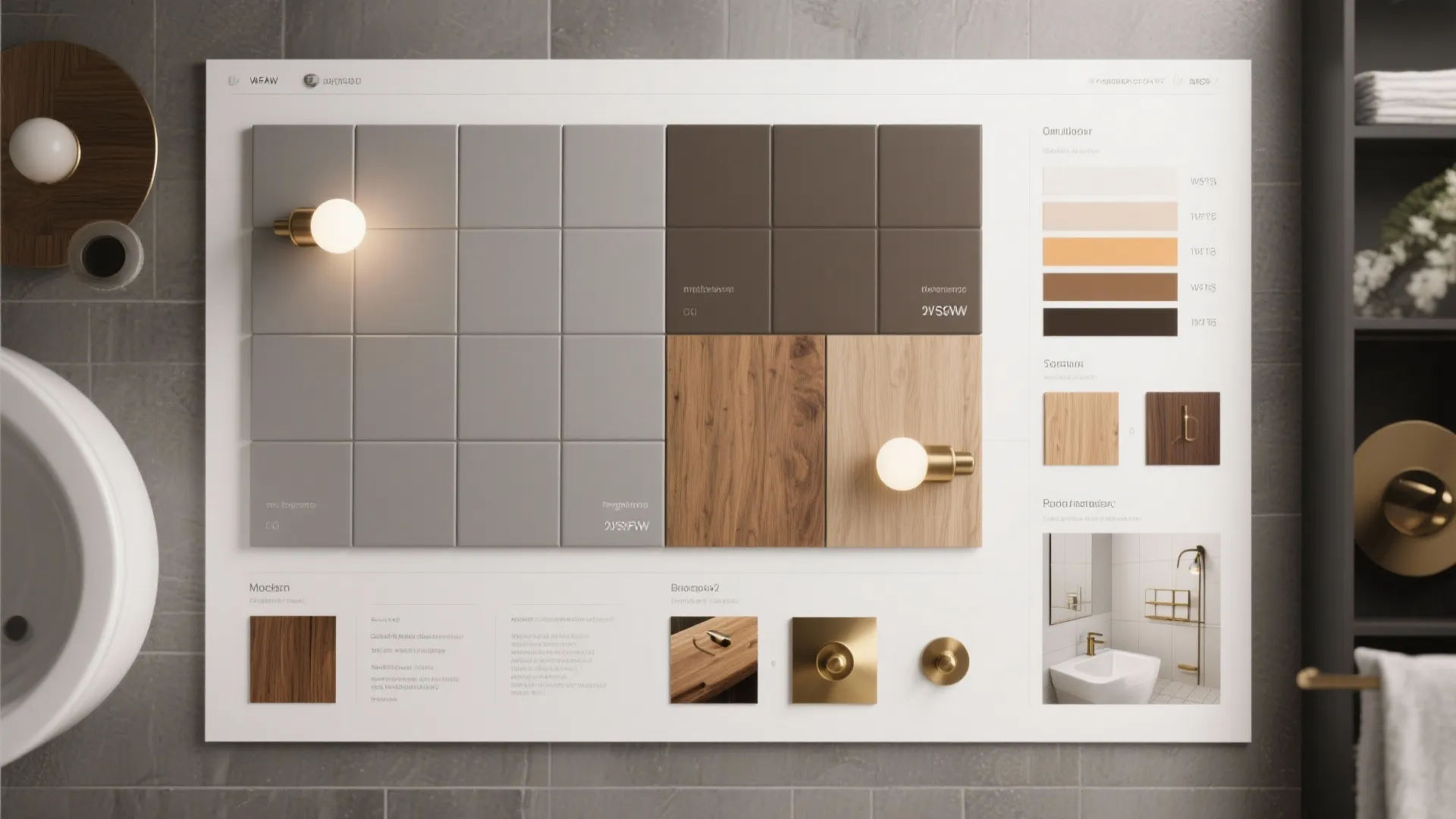 Top-down moodboard of grey-brown tile samples, wood tones, metal finishes and lighting swatches.