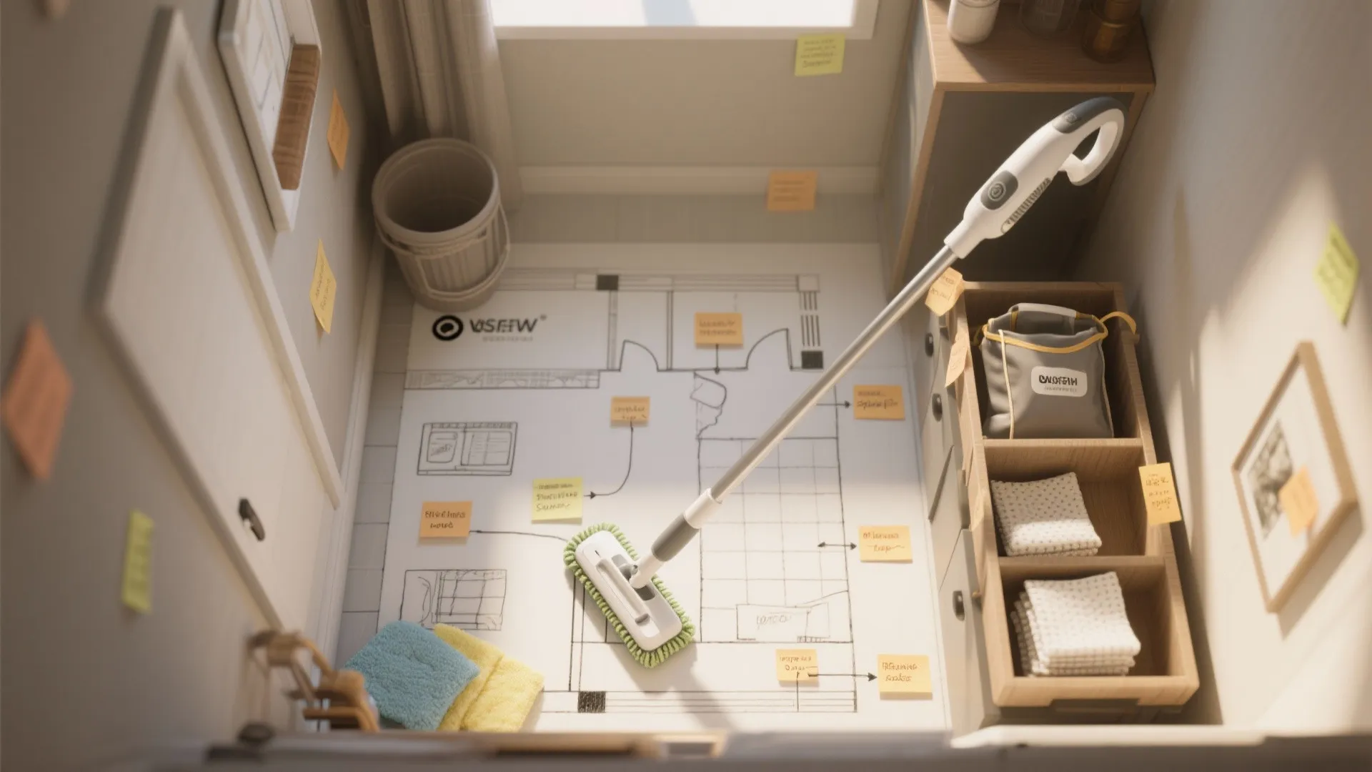 Top-down planning layout showing mop types, a tiny floorplan, and labeled storage tips for small spaces.