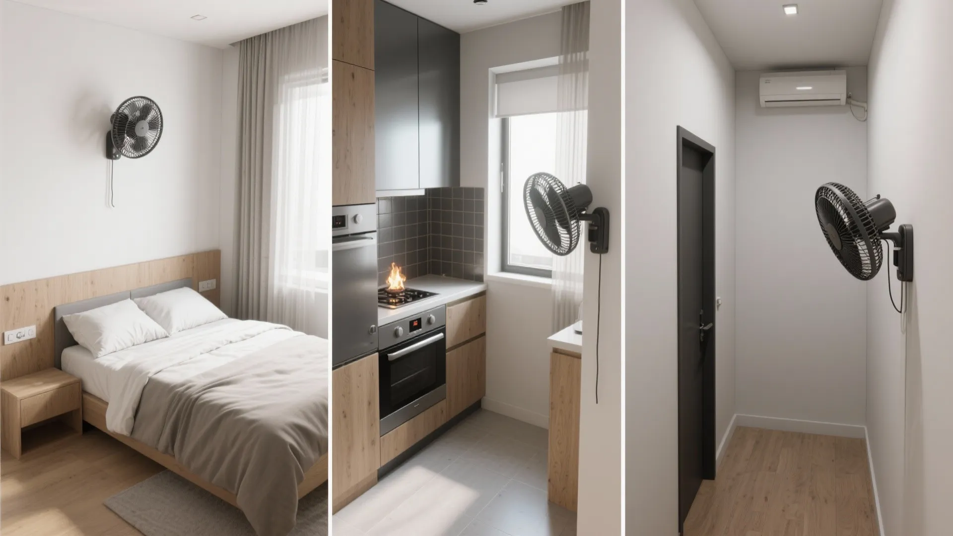 Top-down composite of bedroom, kitchen, and corridor showing practical wall fan placements with clearances.