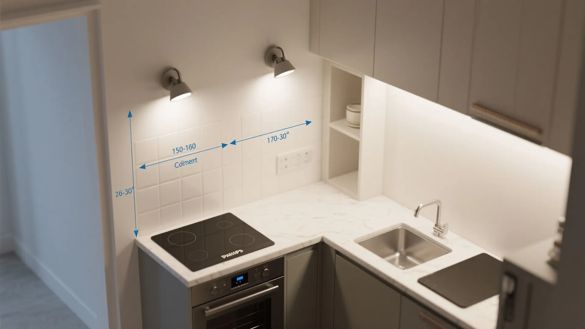 Top-down view indicating typical mounting heights and angles for Comet wall lights in tiny kitchens.