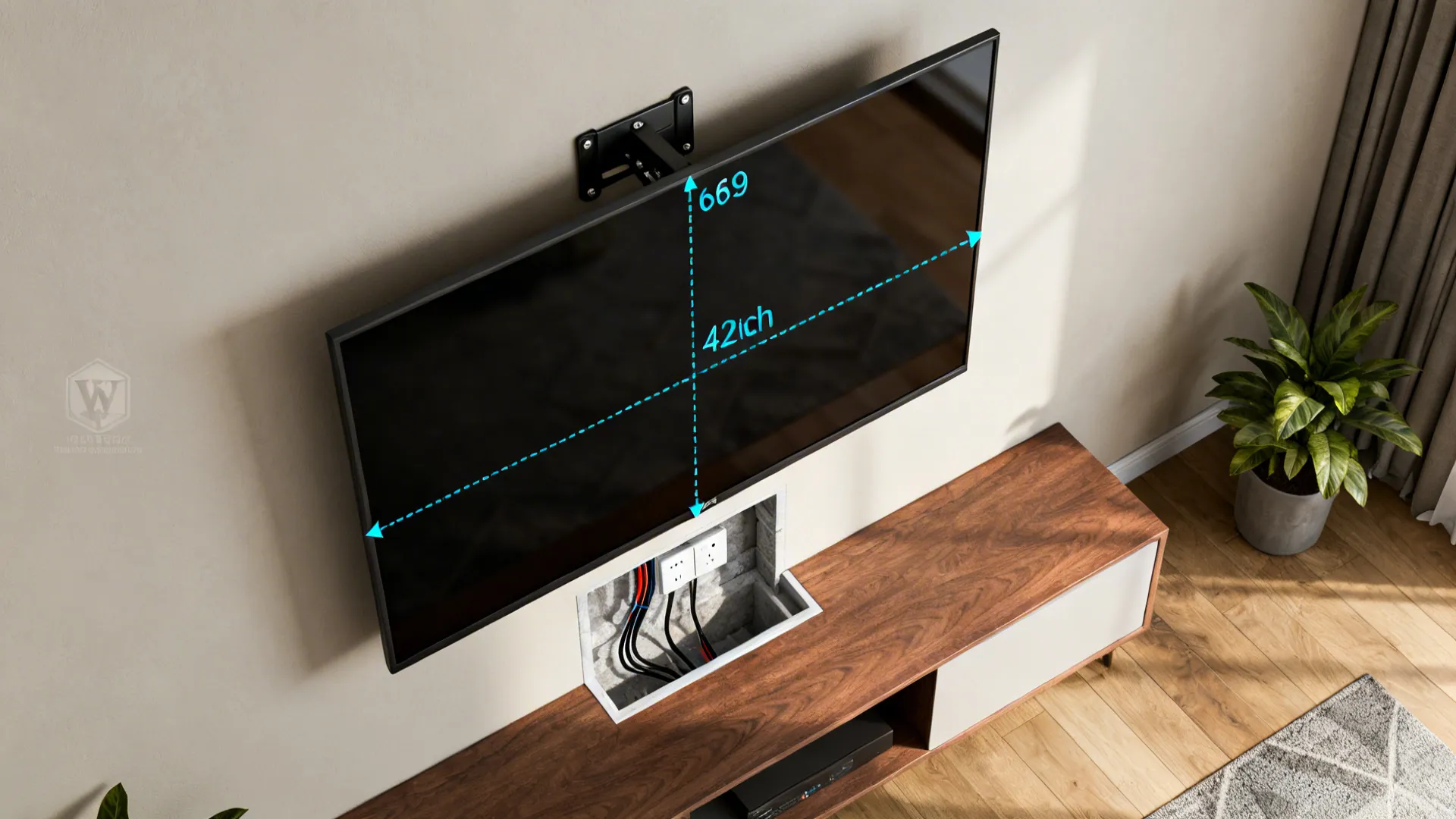 Top-down infographic-style layout showing TV mounting measurements, cable routing, and clearance zones