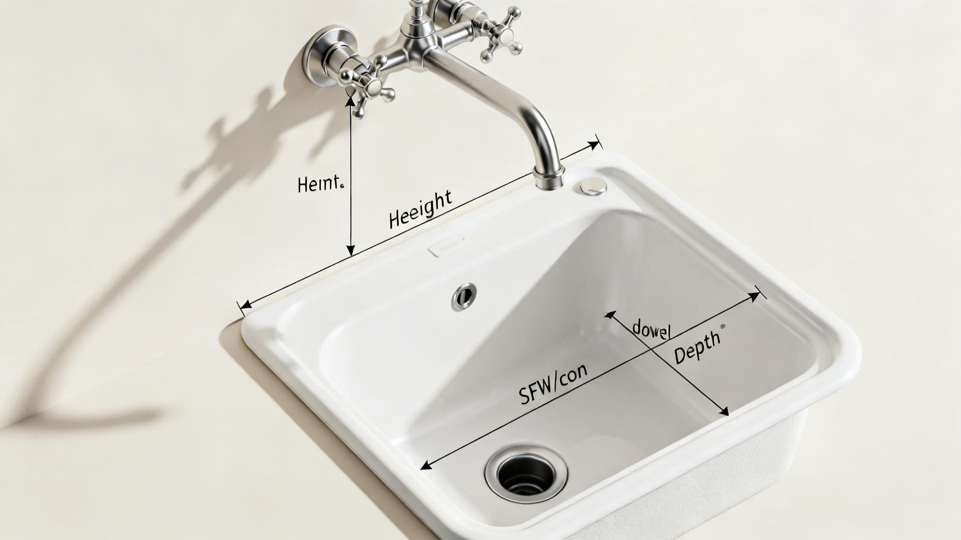 Top-down guide illustrating wall-mount faucet height, spout reach, and sink depth.