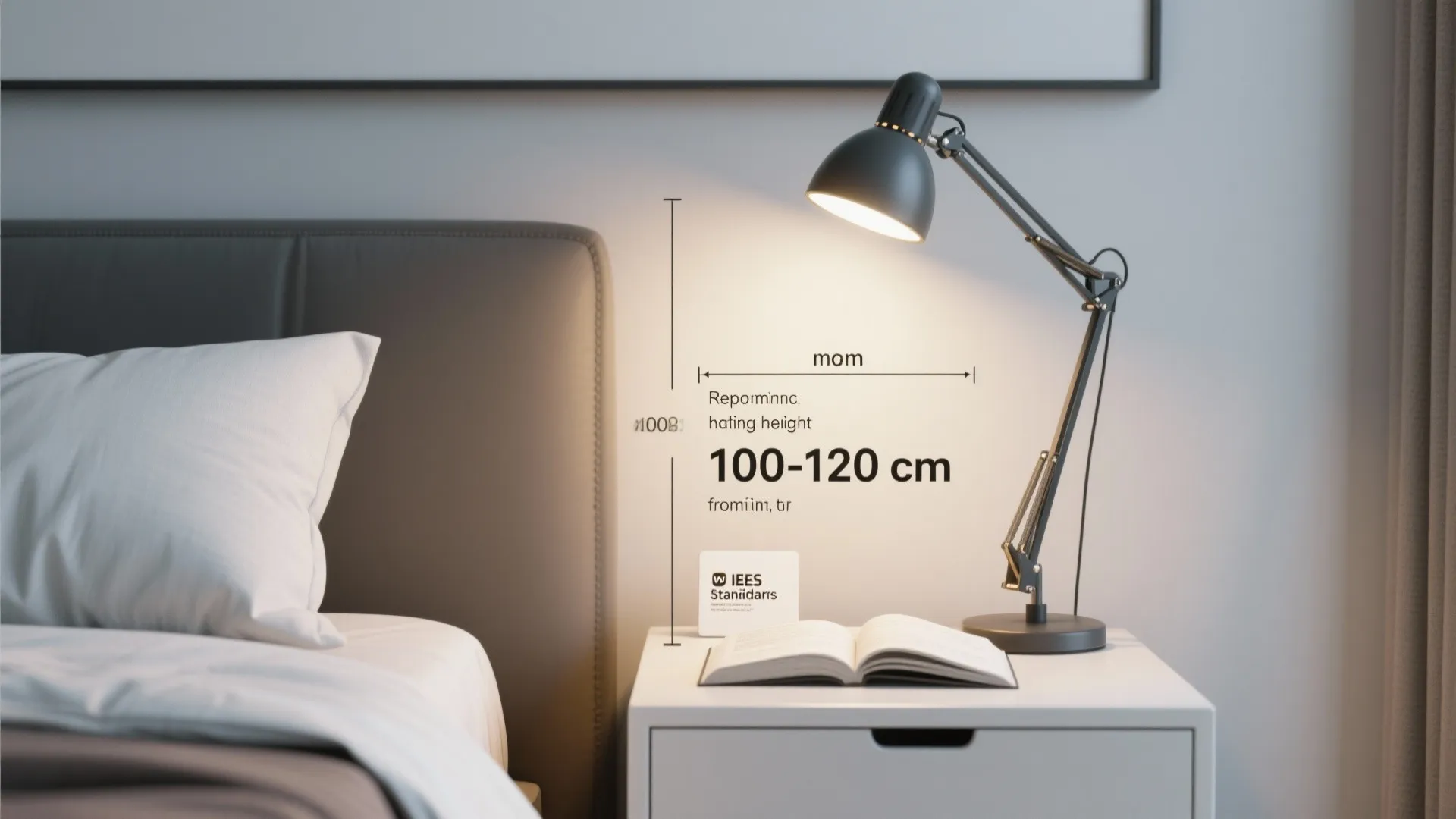 Black desk lamp on white nightstand next to bed with height measurement markings on wall