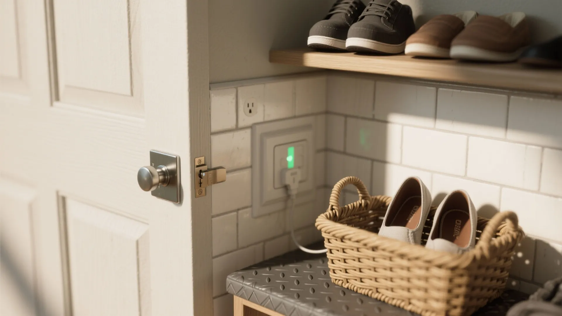 Macro details of mudroom hardware, slip-resistant tile, and tidy storage solutions.