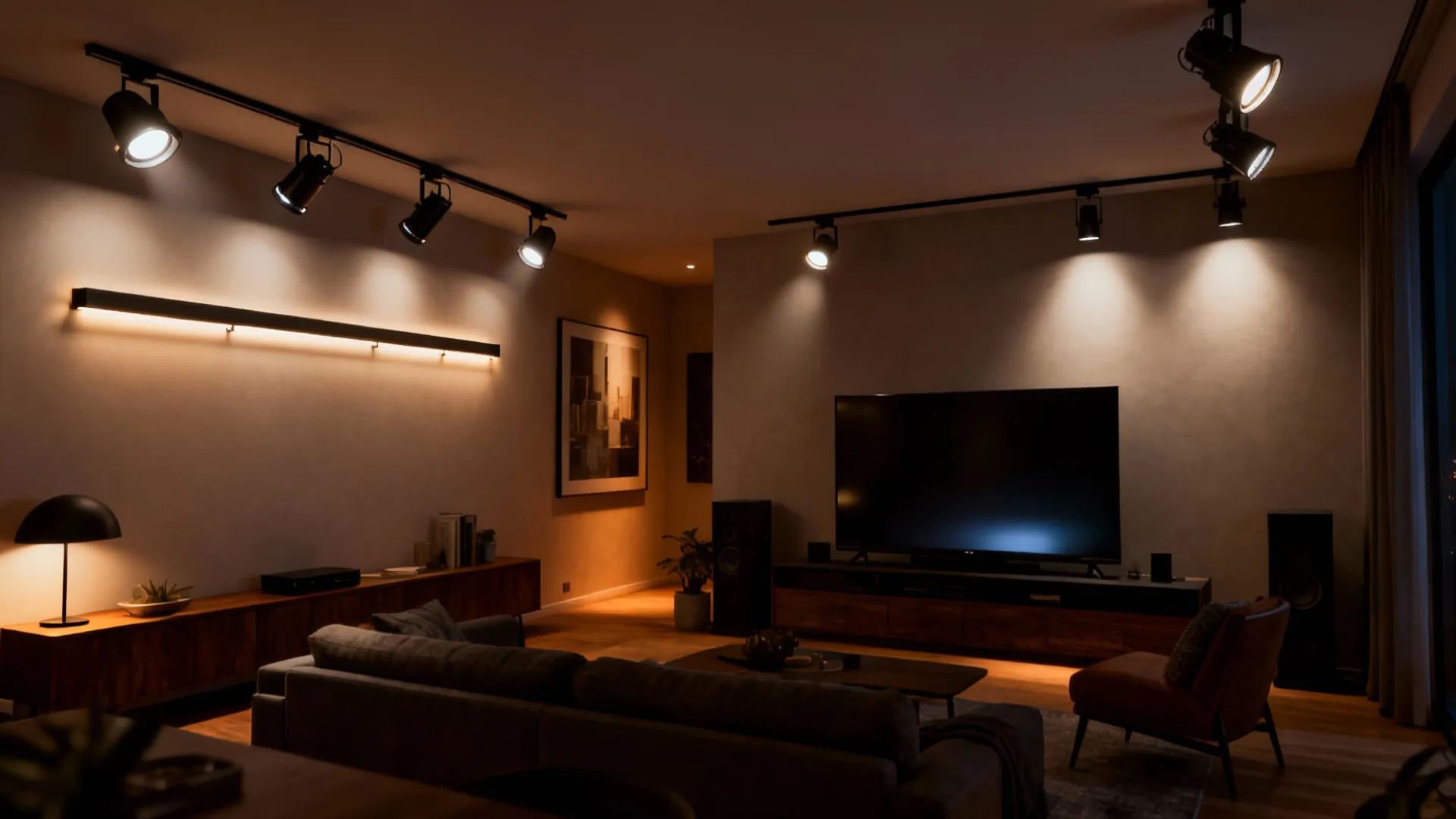 Living room illustrating layered track lighting, accent rails, and a dimmed movie-night zone to answer common track lighting questions.