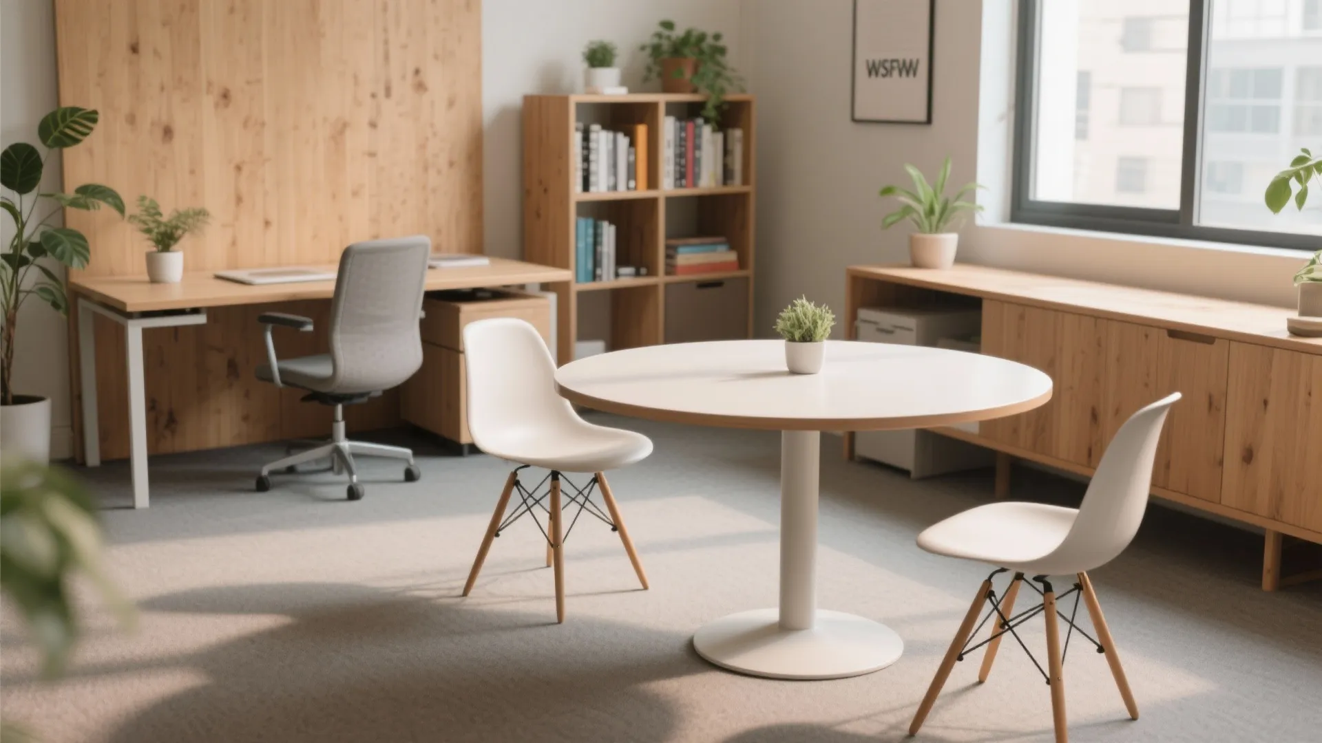 Modern office interior with round white table chairs wooden desk bookshelf and natural window light
