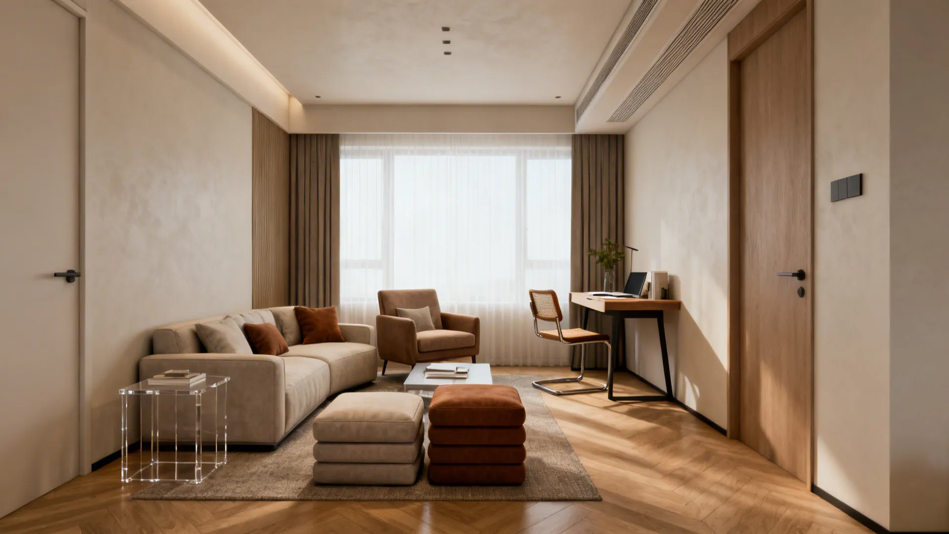 Multifunctional small living room showing seating, a small work corner and multifunction furniture.