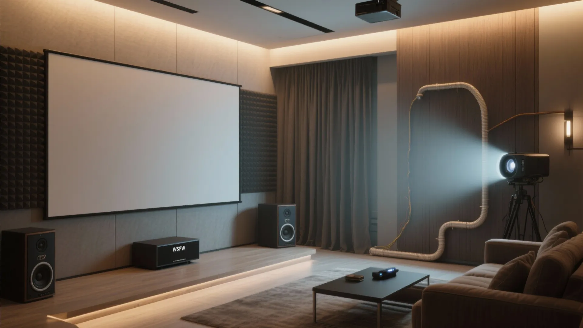Living room showing projector screen on wall with coffee table grey rug and brown sofa
