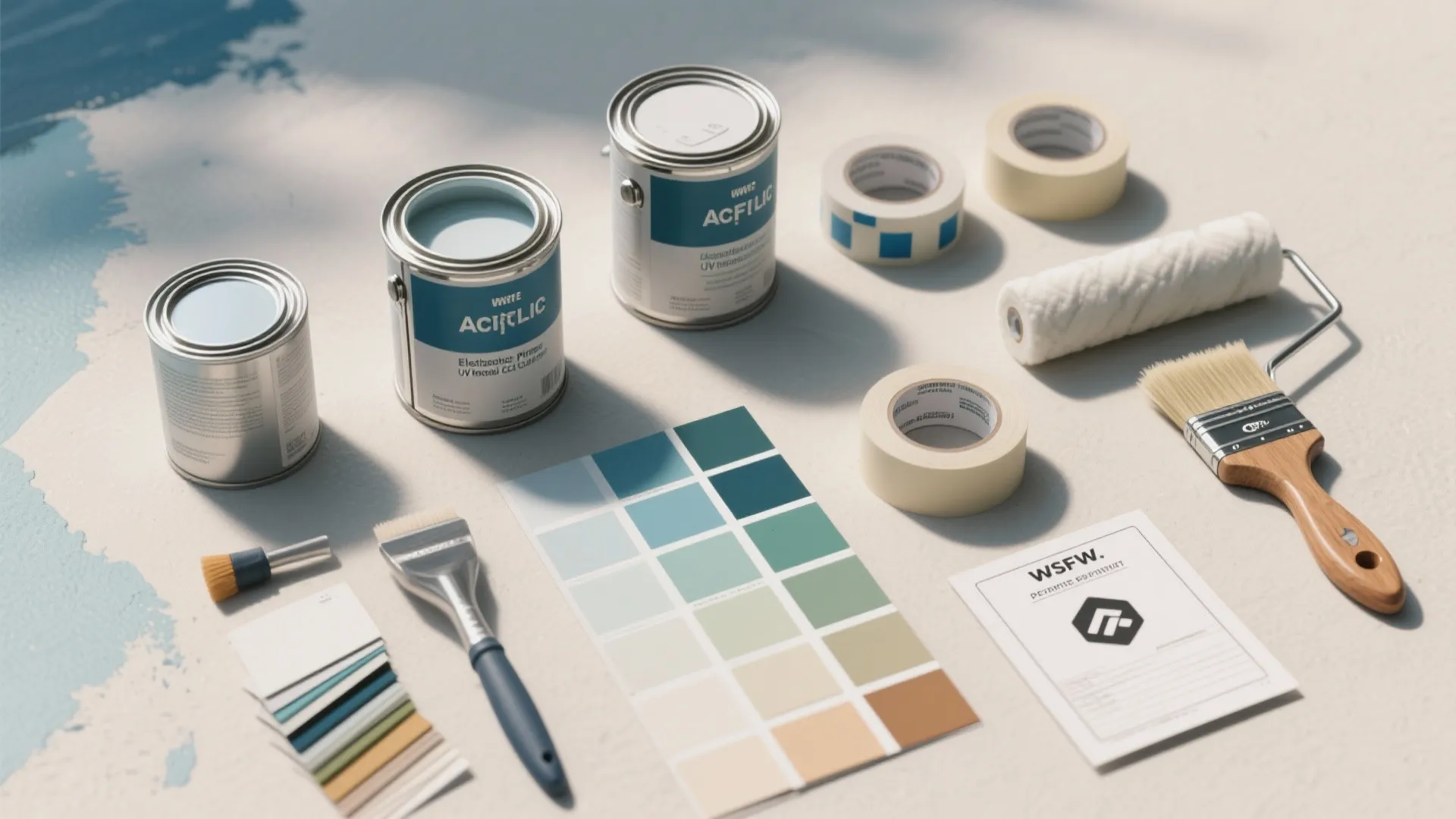 Painting tools with paint cans paint brushes color palette rollers and masking tape on white surface