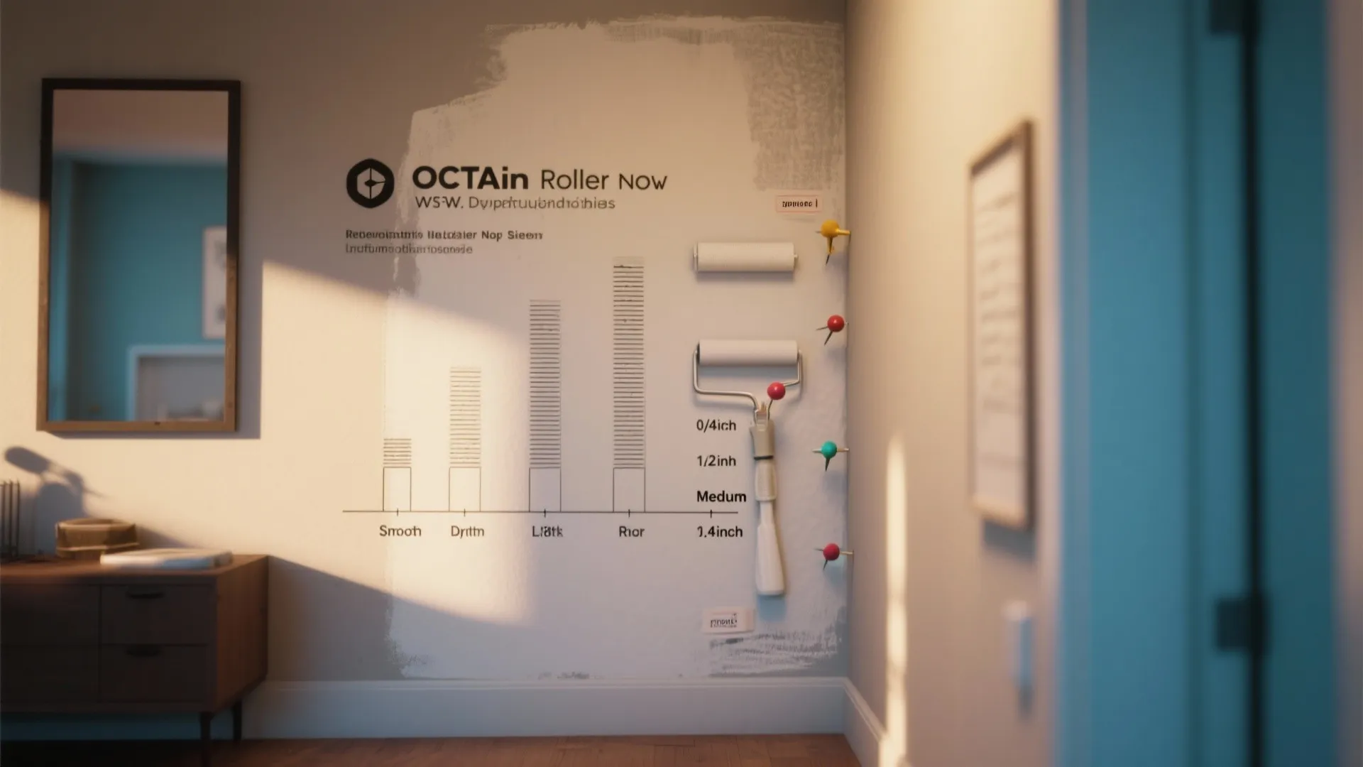 Infographic on a wall showing paint roller nap sizes with a bar chart and physical tools