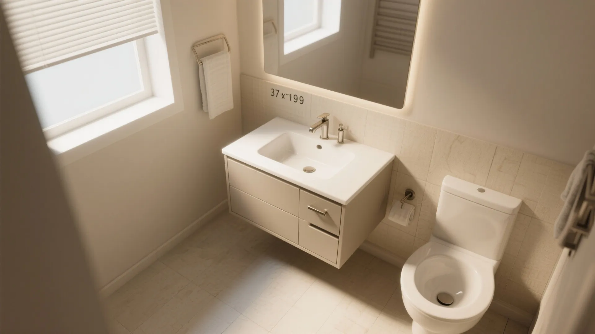 Small beige bathroom layout with sink cabinet toilet window and mirror with light from above view