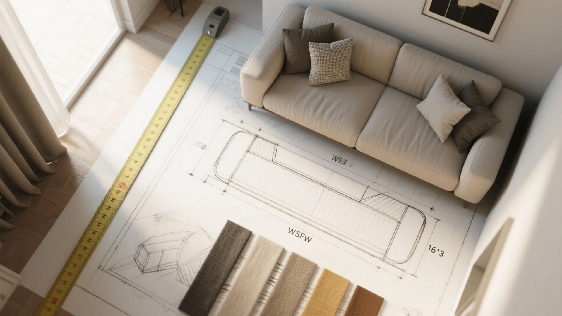 Beige sofa placed on top of large technical furniture drawing with measuring tape and samples