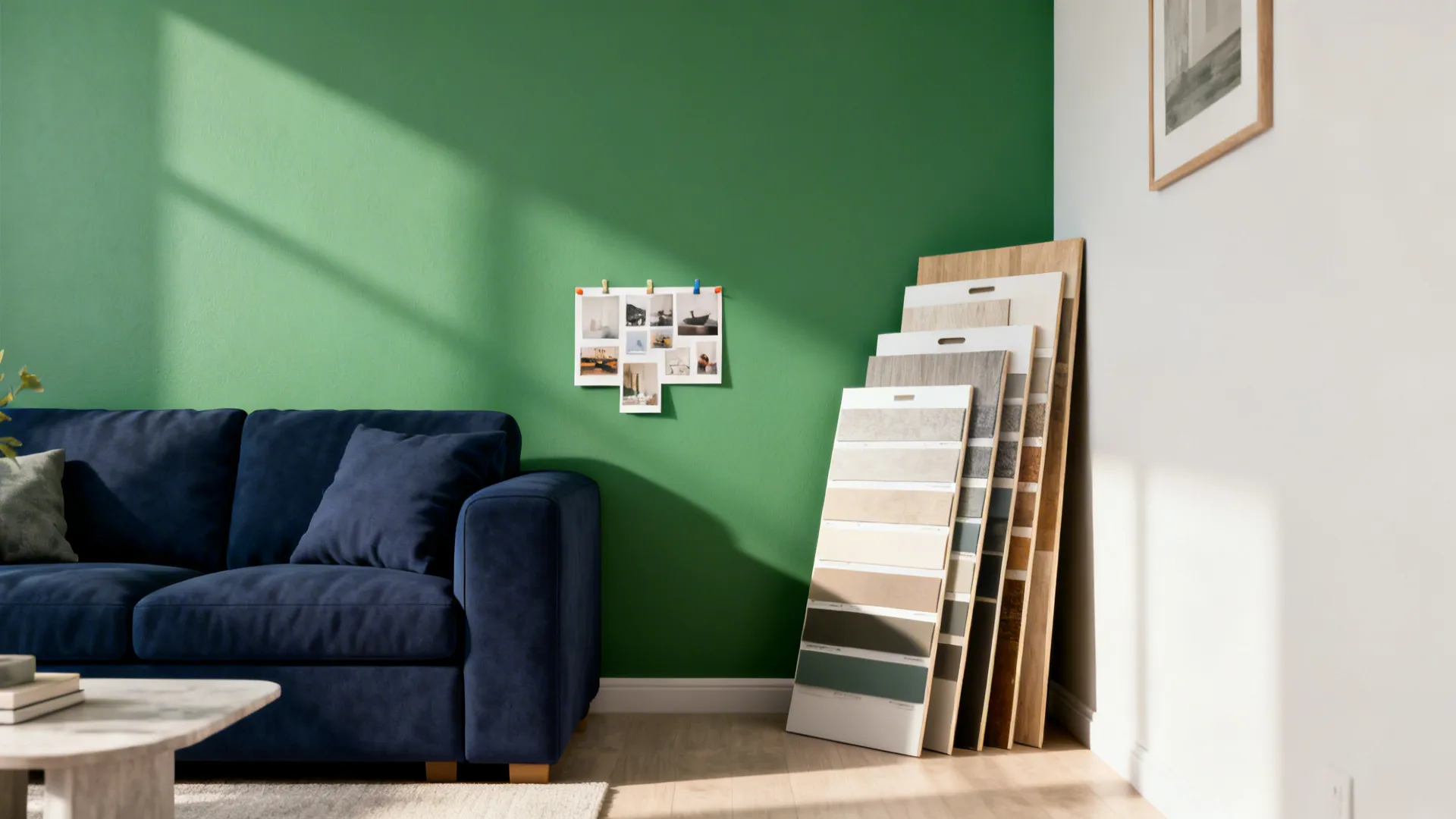 Small living room examples showing navy sofa, green feature wall and sample boards for FAQs