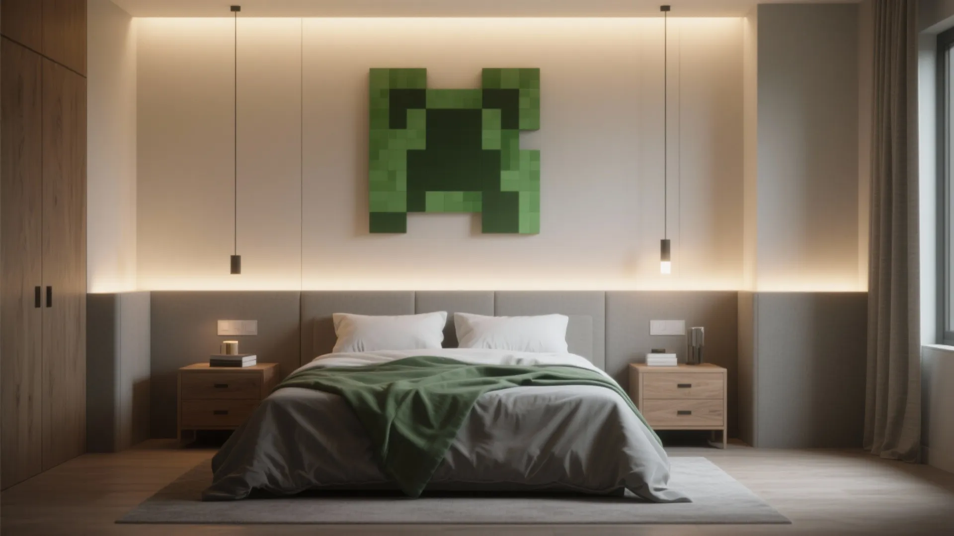 Modern bedroom with green wall art, grey bedding, wooden side tables, and hanging light fixtures