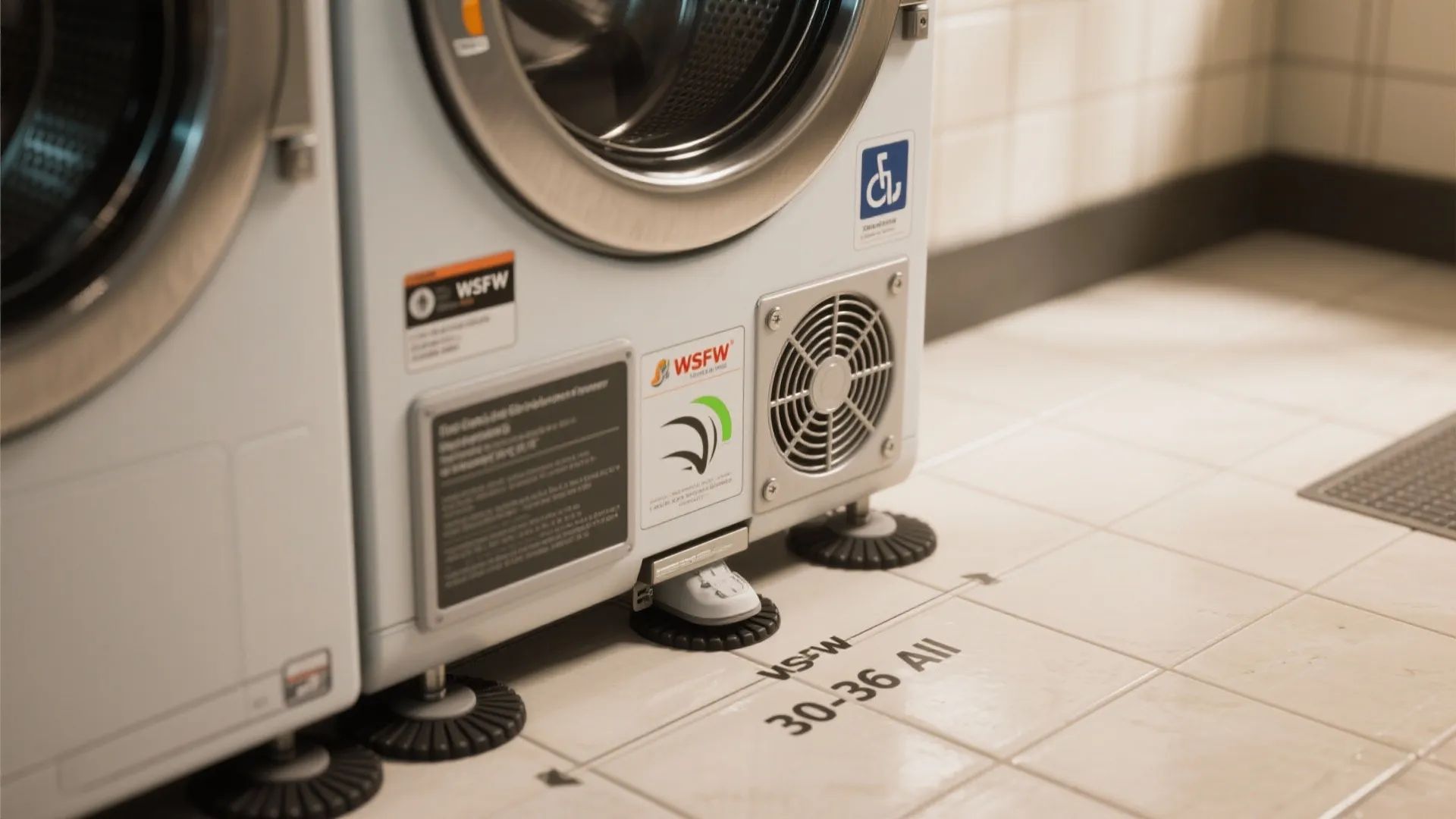 Close up of washing machine feet on tiled floor with clear distance markings for room layout