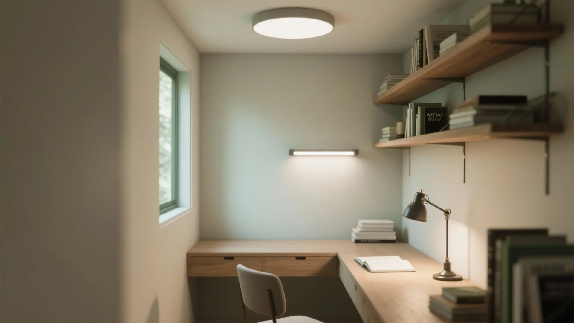 Minimalist home office with wooden corner desk grey chair wall shelves ceiling light and window