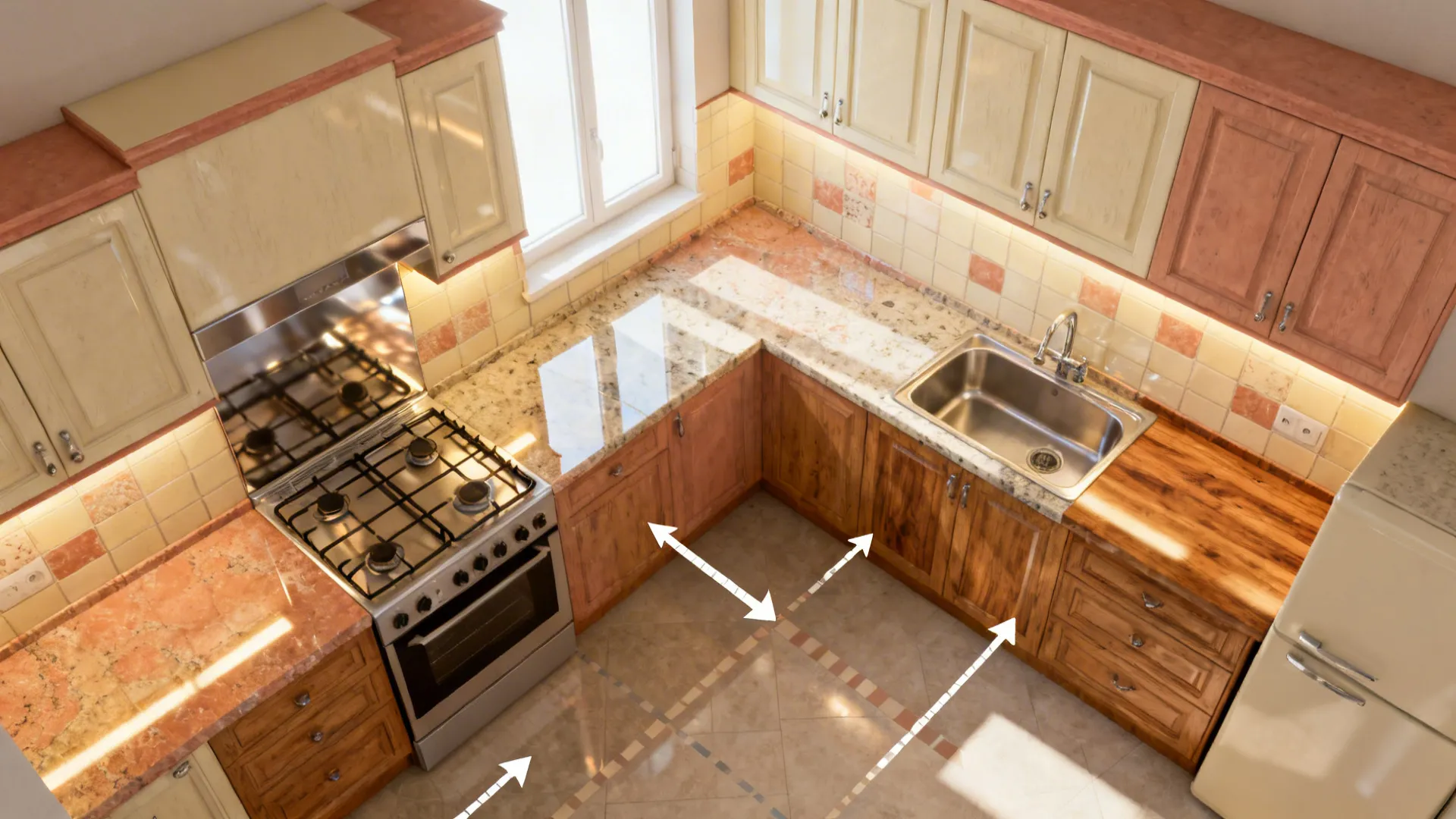Interior design drawing showing a kitchen layout with wood cabinets stove sink and white arrow indicators