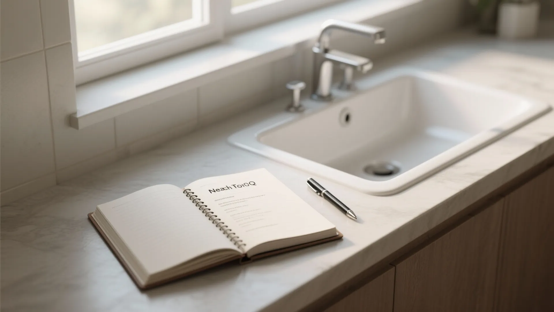 An open notebook and a black pen on a marble countertop next to a sink