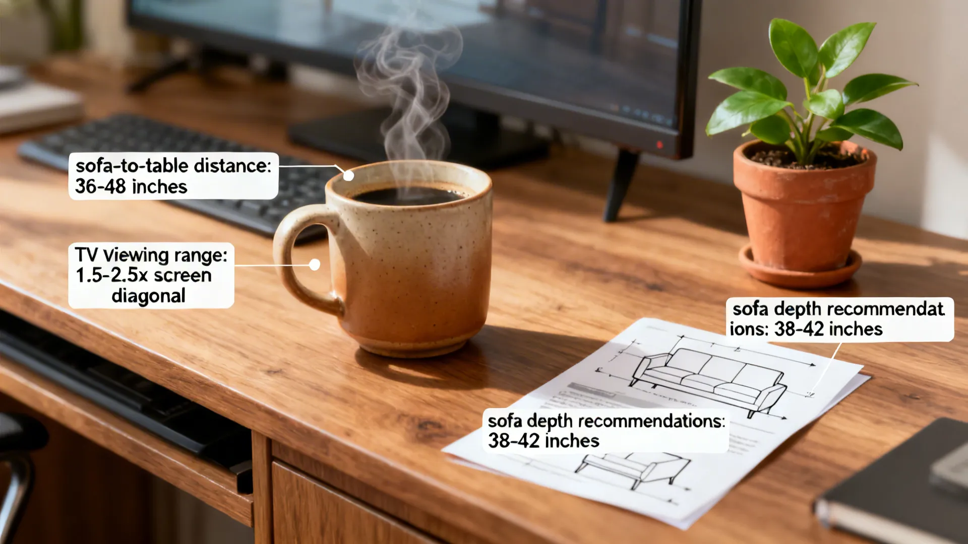 Annotated notes and sketches highlighting FAQ dimensions and tips for small living rooms.