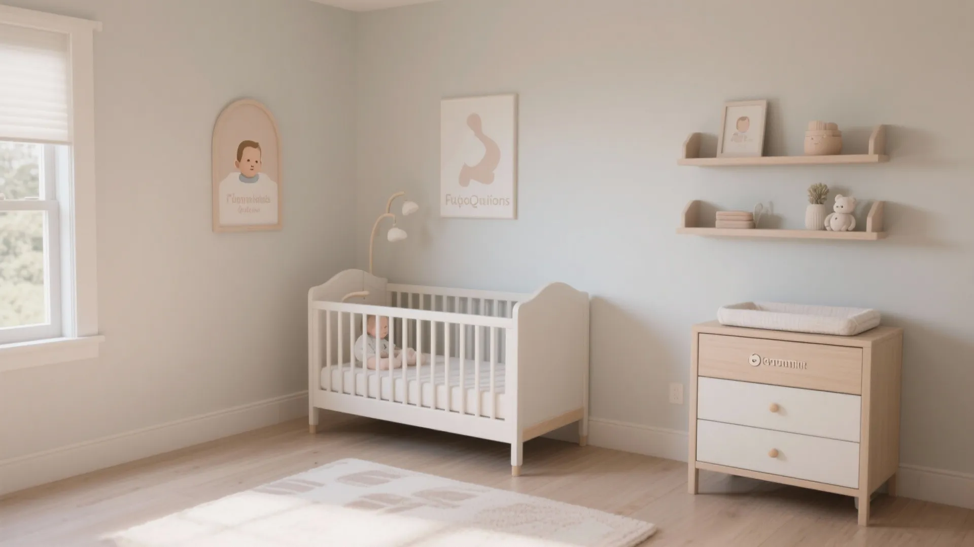 Modern nursery room with a white baby bed wooden cabinet wall shelves and wall art
