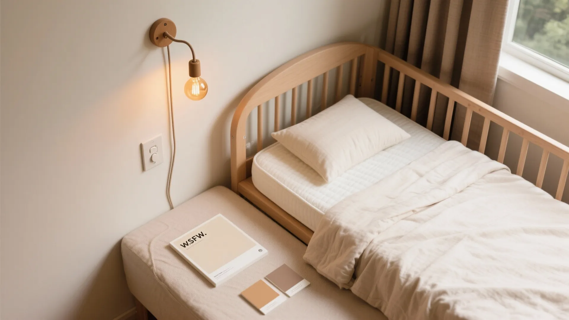 Wooden baby bed with white pillow and blanket next to a wall light and book