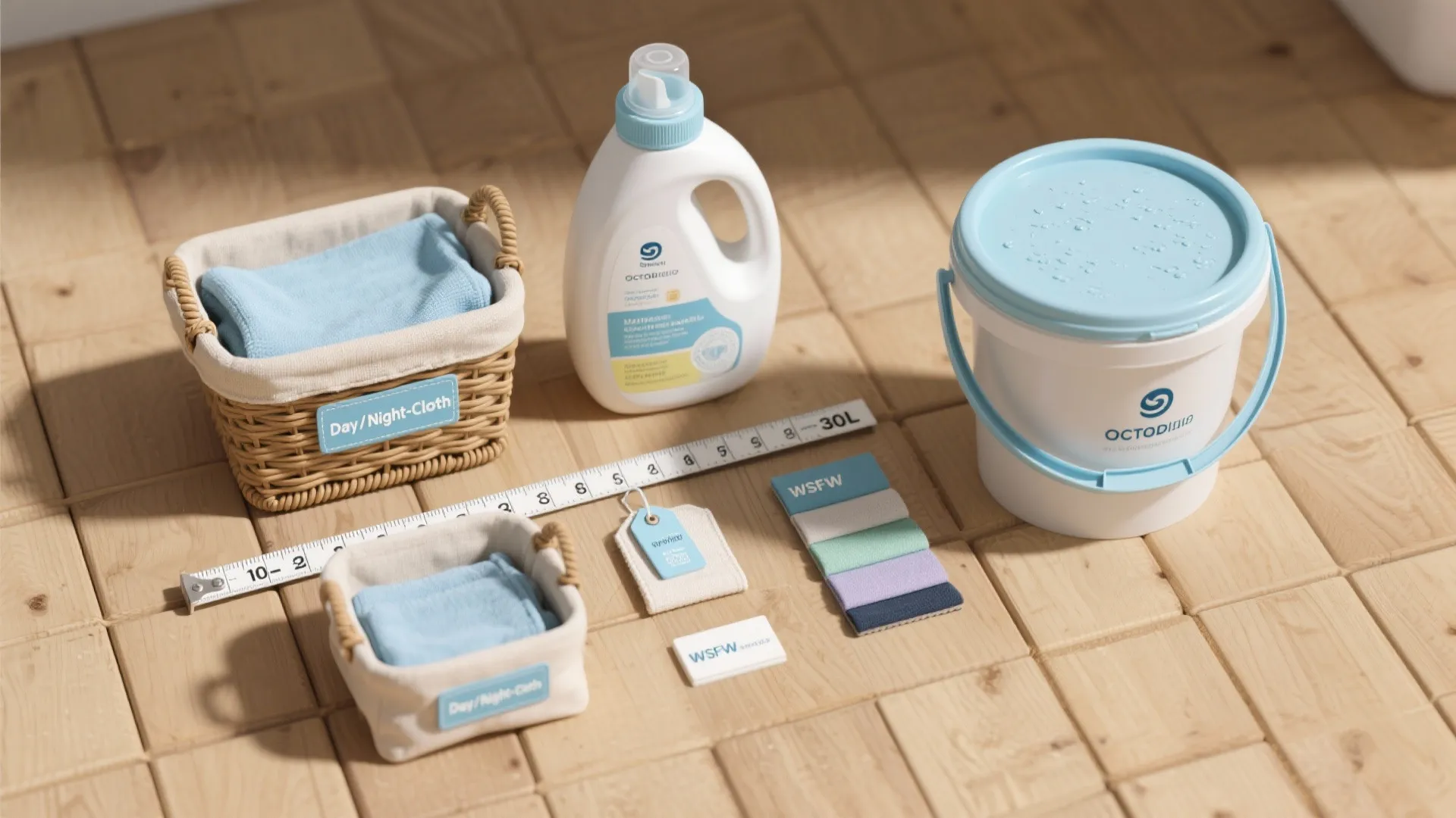 Laundry supplies including baskets with blue towels detergent bottle and white bucket on wood floor