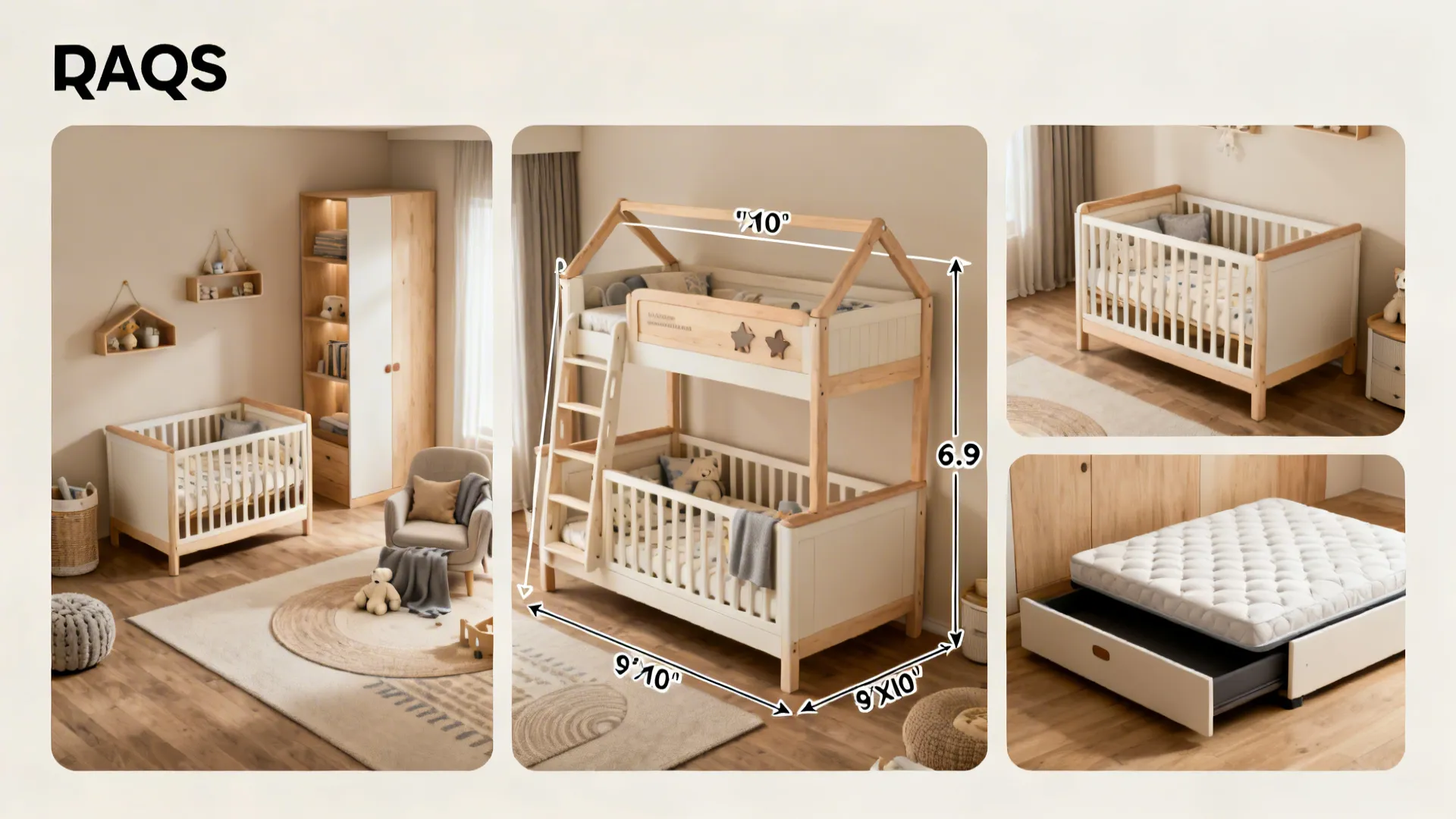 Infographic showing different nursery furniture options including a baby crib bunk bed and storage drawer