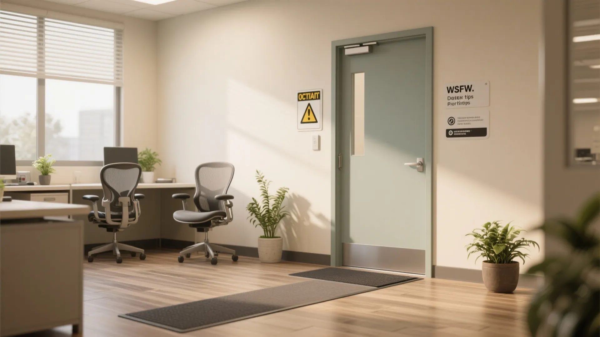 Modern office interior with two desks grey chairs green door warning sign and potted plants