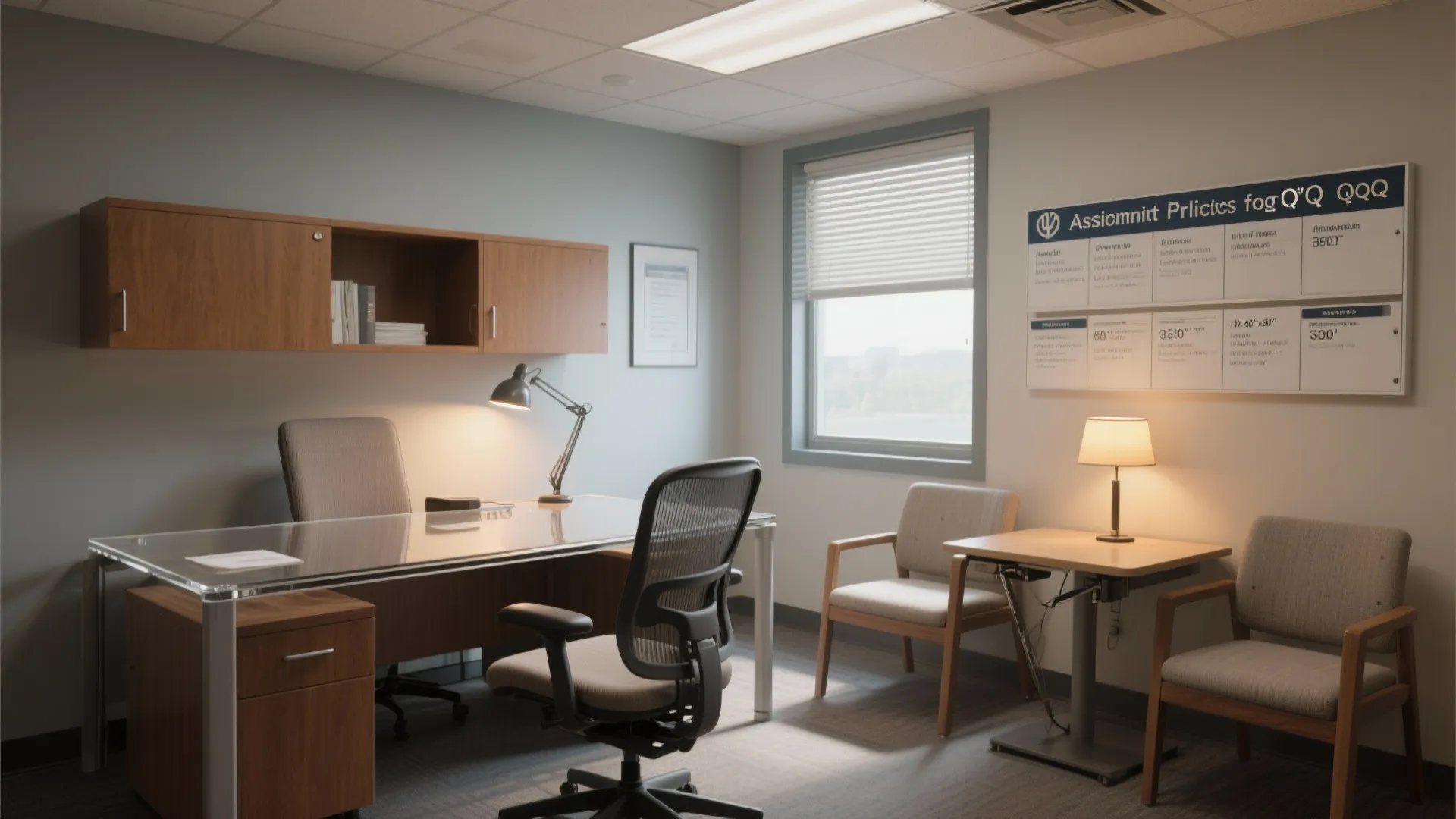 Professional office room with glass desk, wooden cabinet, grey chairs, table lamp, and large window